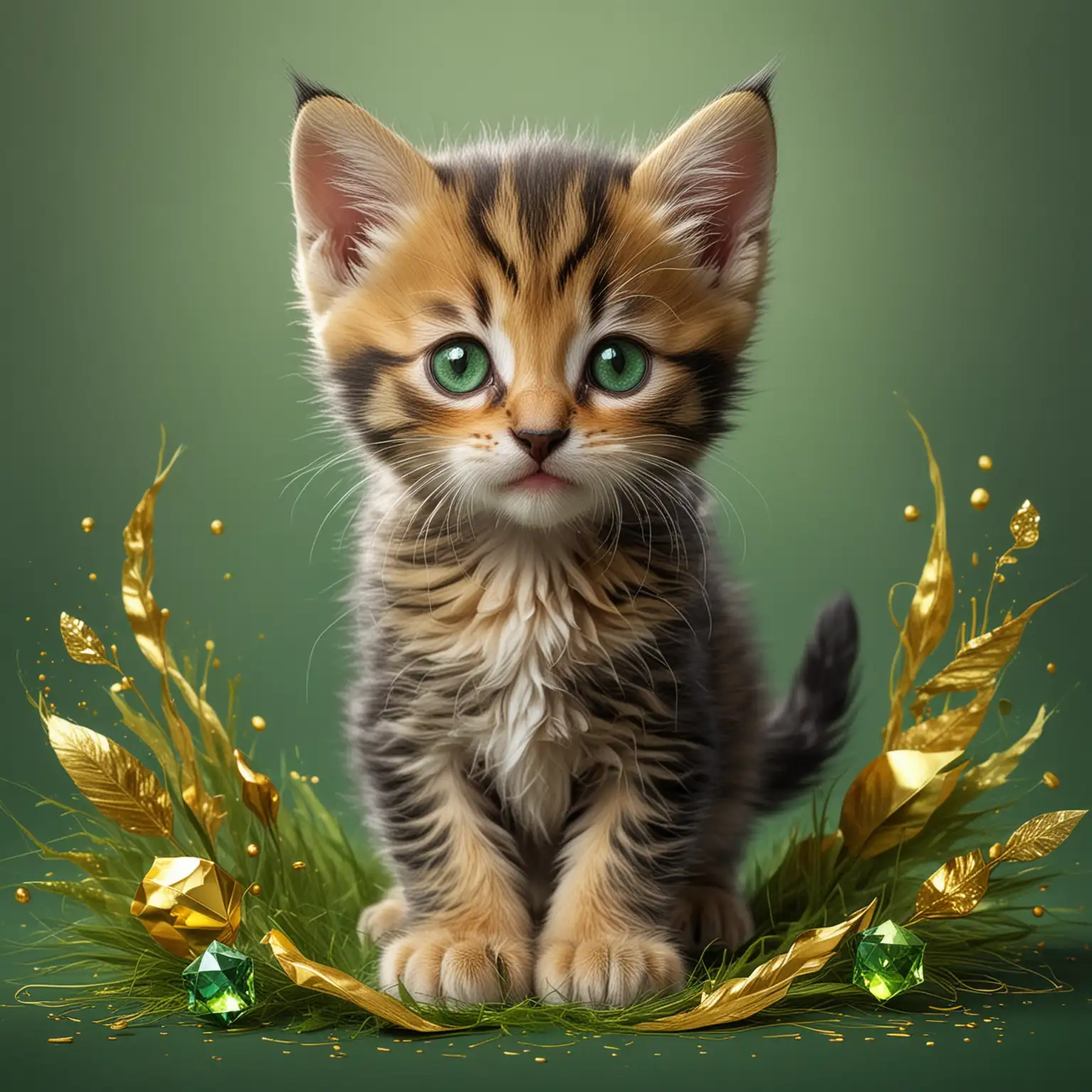 Diseña una imagen de un gatito pequeño y amigable, con colores brillantes como el verde esmeralda y el dorado, con una expresión feliz y juguetona