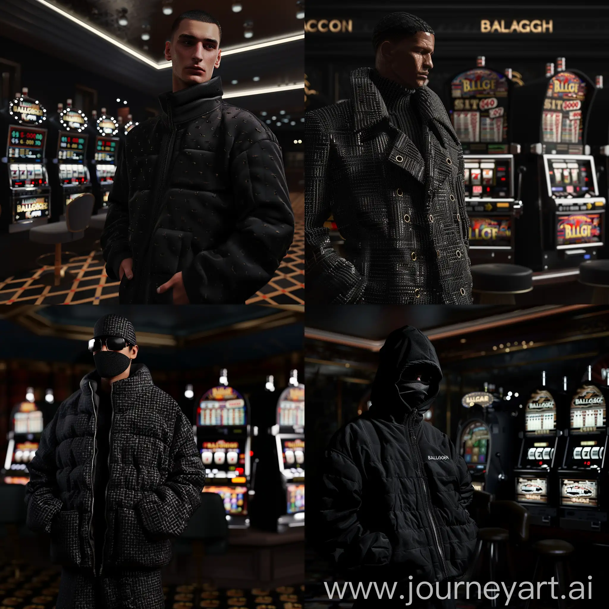 man dressed in the black balenciaga brand, and behind him dark room with slot machines from the casino. 4k super hd, realistic, cinematic.