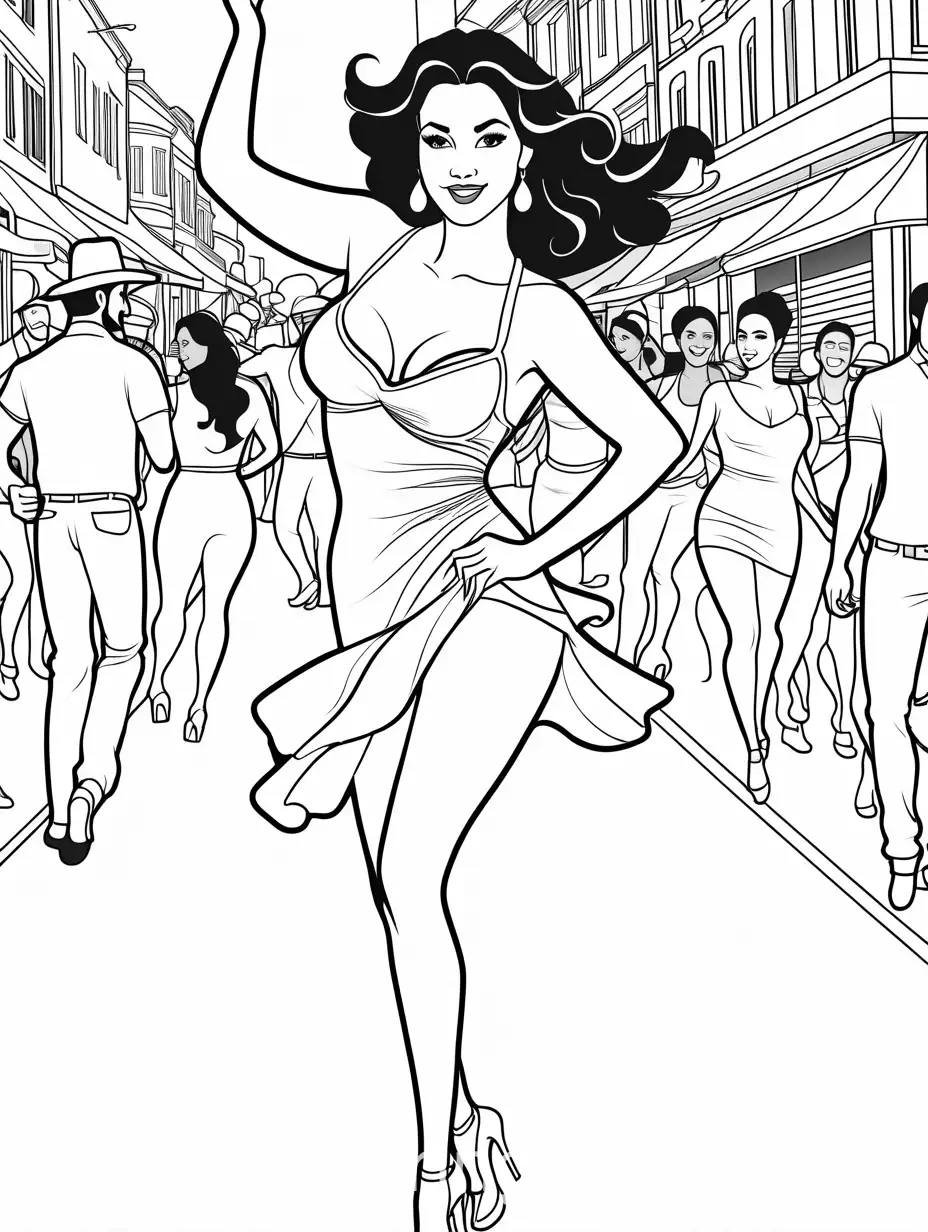 a beautiful sexy latina woman dancing salsa at a lively street festival, Coloring Page, black and white, line art, white background, Simplicity, Ample White Space