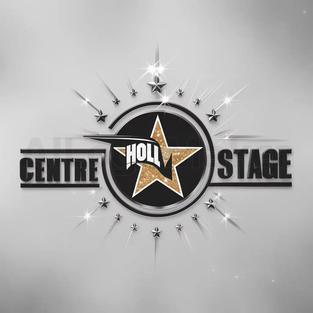 a logo design,with the text "Centre Stage", main symbol:Hollywood sign, Hollywood star, sparkles,Moderate,be used in Wrestling industry,clear background
