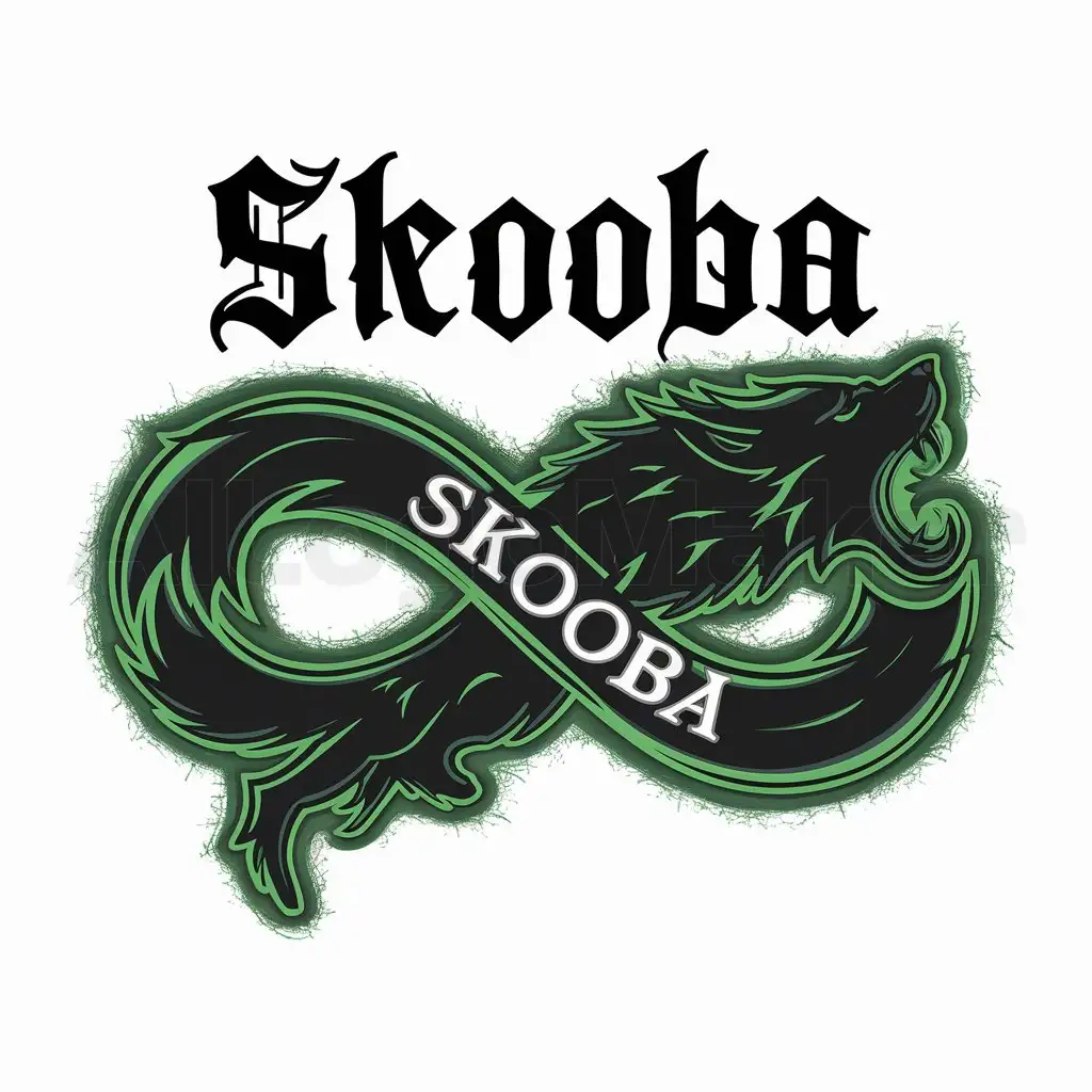 a logo design,with the text "Skooba___", main symbol:Gothic, nothing, green, death, dark, wolf infinity, clear background,Moderate,be used in Others industry,clear background