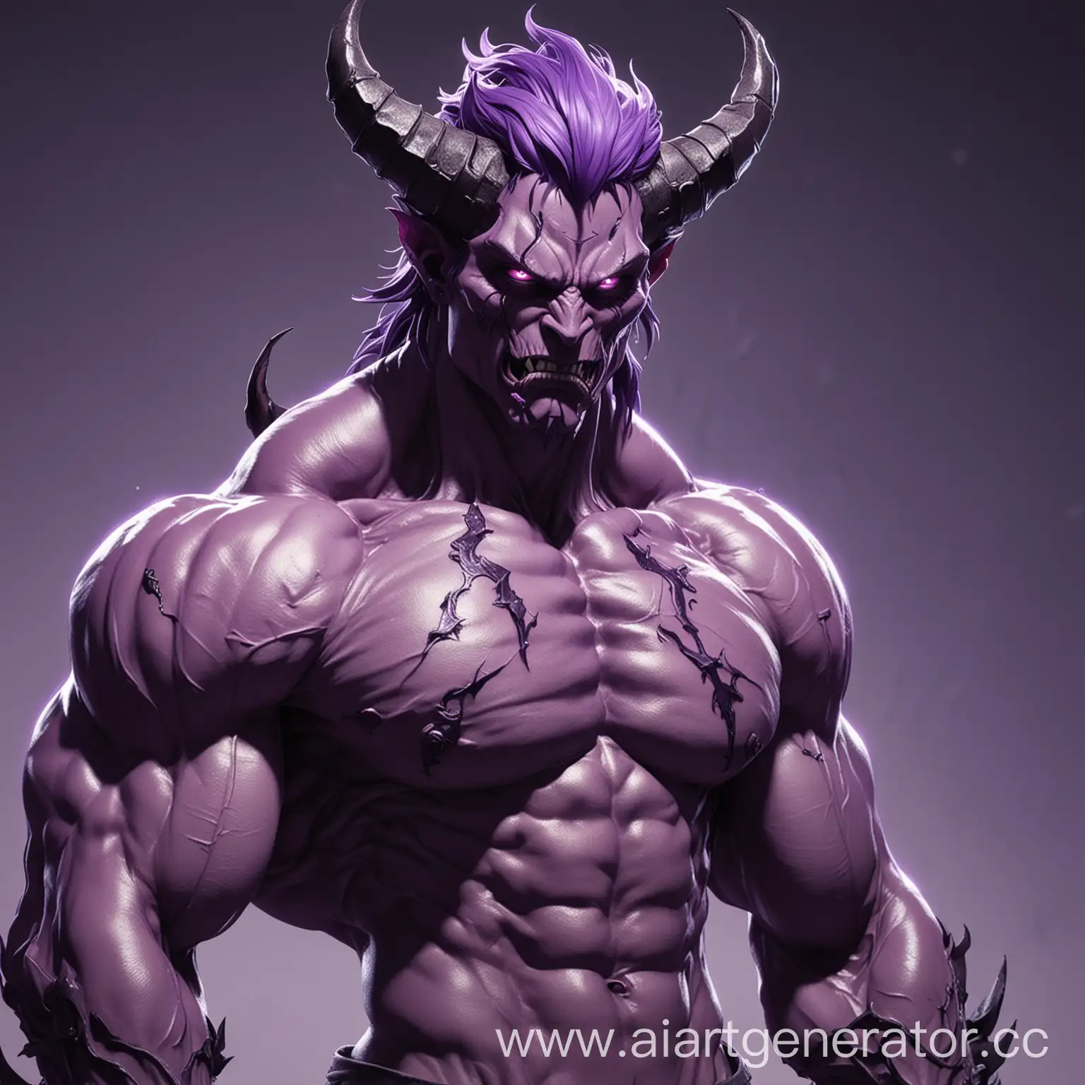 Накаченный аниме персонаж с лицом демона стоит в брутальной позе фиолетовая эстетика