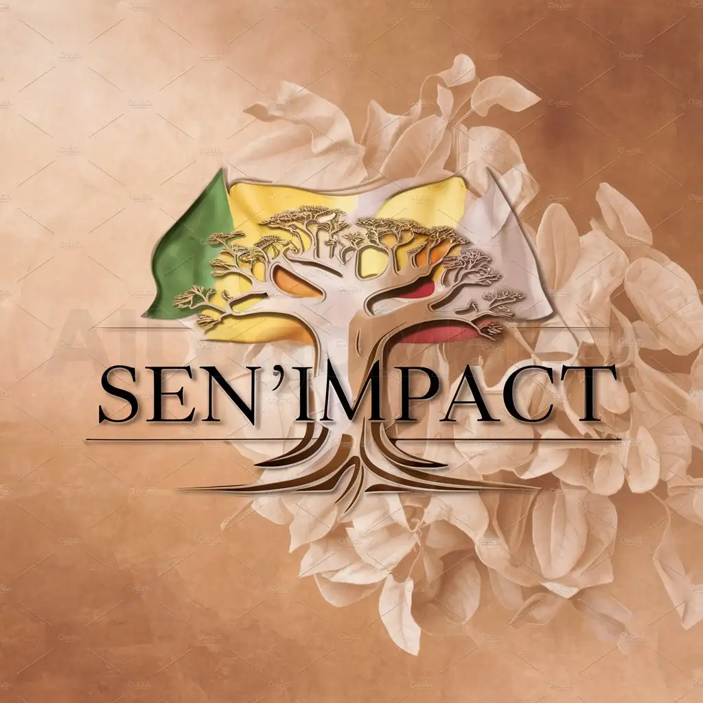 a logo design,with the text "Sen’Impact", main symbol:Element central: majestuous baobab placed in the center of the logo with nude tones (beige, sand) for the background, nude-toned baobab leaves and a flag of Senegal  🇸🇳 (green, yellow, red) subtly integrated into the trunk or branches,complex,be used in Others industry,clear background