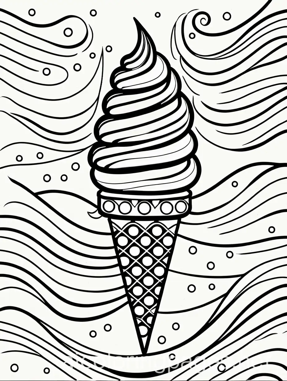 Ice-cream , black and white, with cone, looks delicious, for children, simple lines, Coloring Page, black and white, line art, white background, Simplicity, Ample White Space. The background of the coloring page is plain white to make it easy for young children to color within the lines. The outlines of all the subjects are easy to distinguish, making it simple for kids to color without too much difficulty, Coloring Page, black and white, line art, white background, Simplicity, Ample White Space. The background of the coloring page is plain white to make it easy for young children to color within the lines. The outlines of all the subjects are easy to distinguish, making it simple for kids to color without too much difficulty