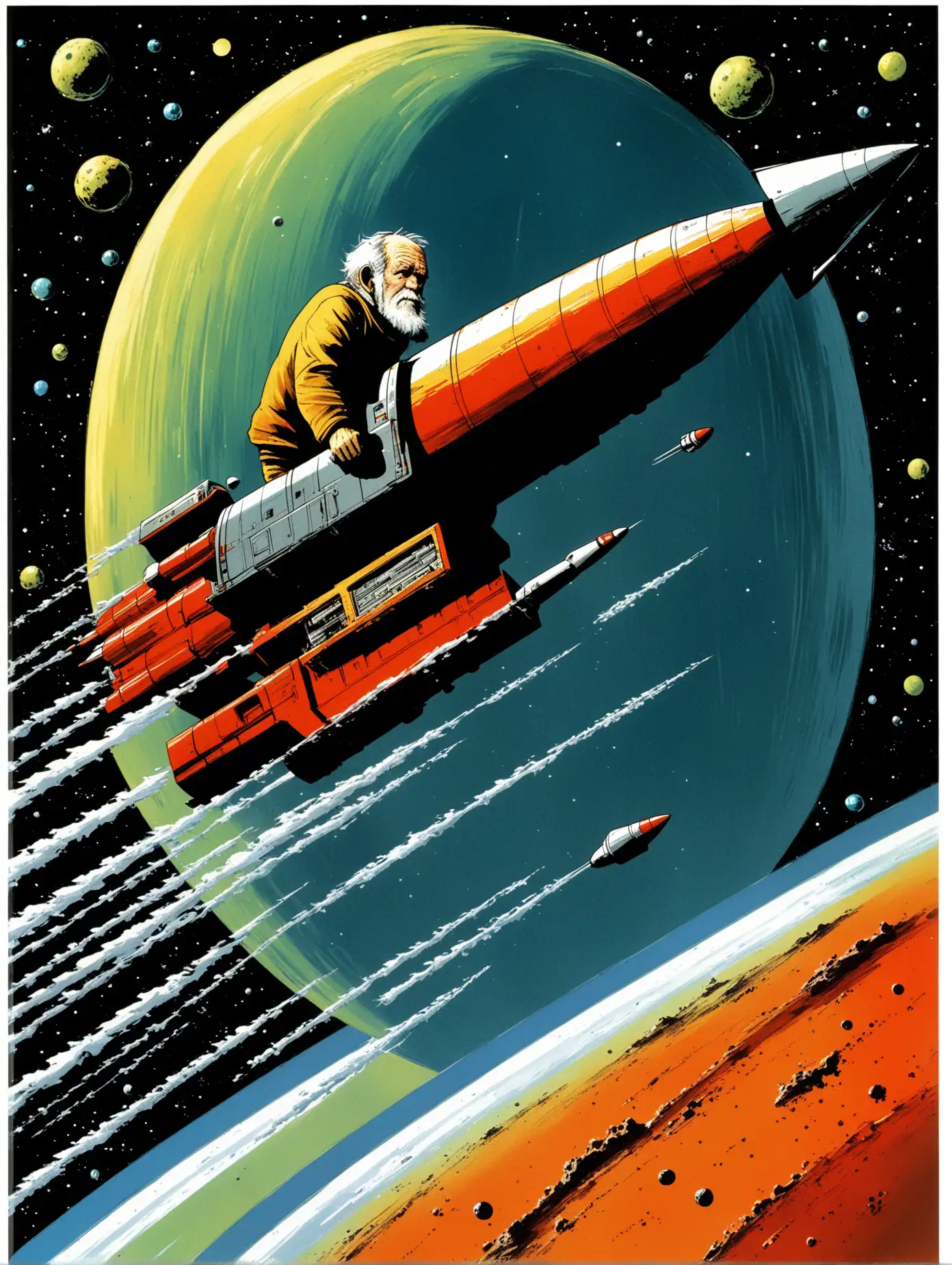 Futuristic Space Adventure Elderly Man on Rocket in Chris Foss Style