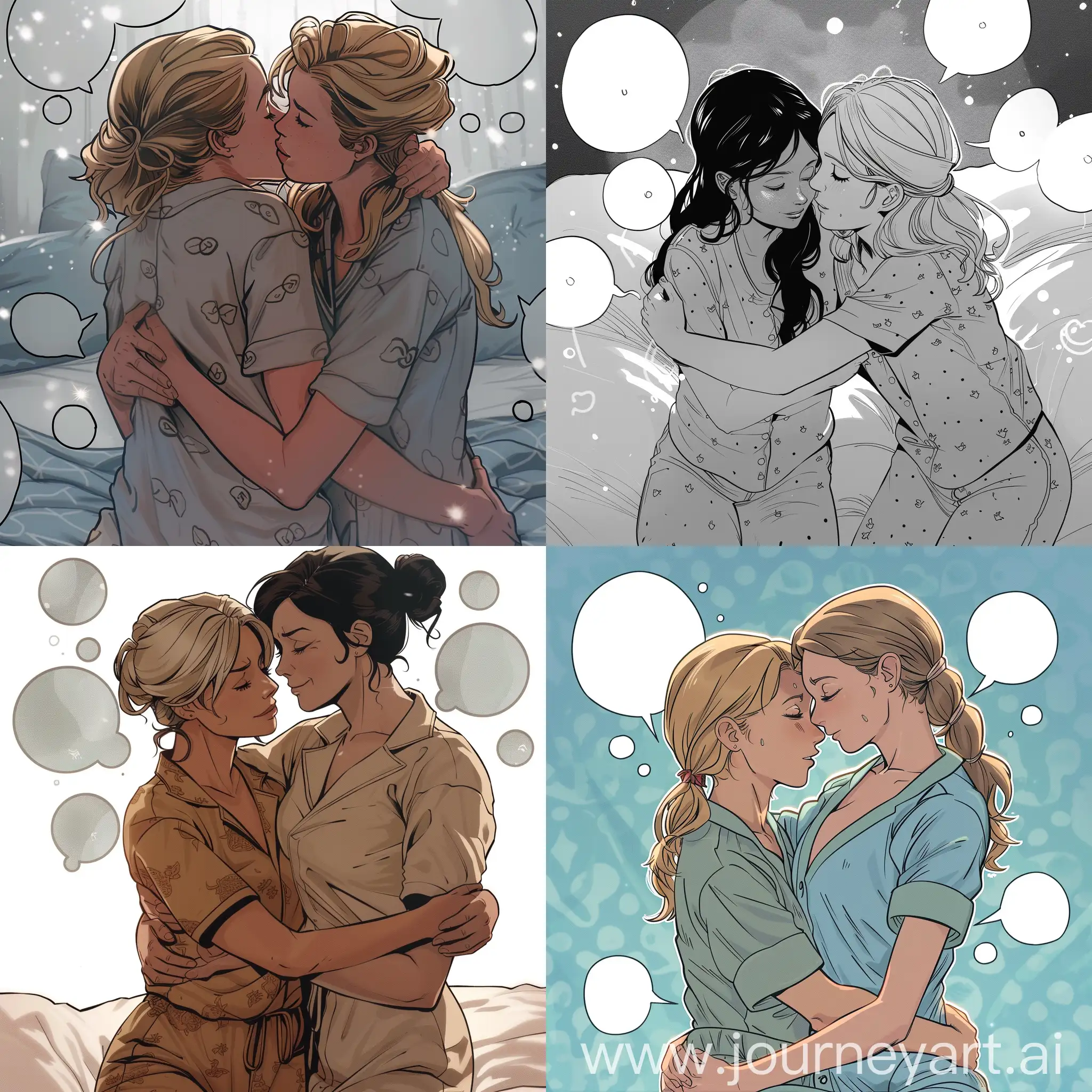 Young-Lesbian-Couple-Cuddling-in-French-Comic-Book-Inspired-Pajamas