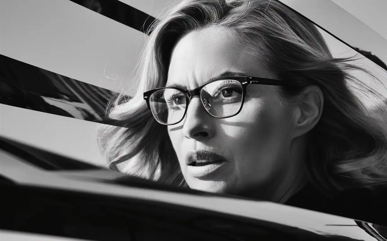 Woman closeup. Her glasses reflect the moving scene around him. This highcontrast image captures movement with graphic lines and conveys intensity through monochromatic elegance.. --ar 85:128 --v 6.0 --style raw