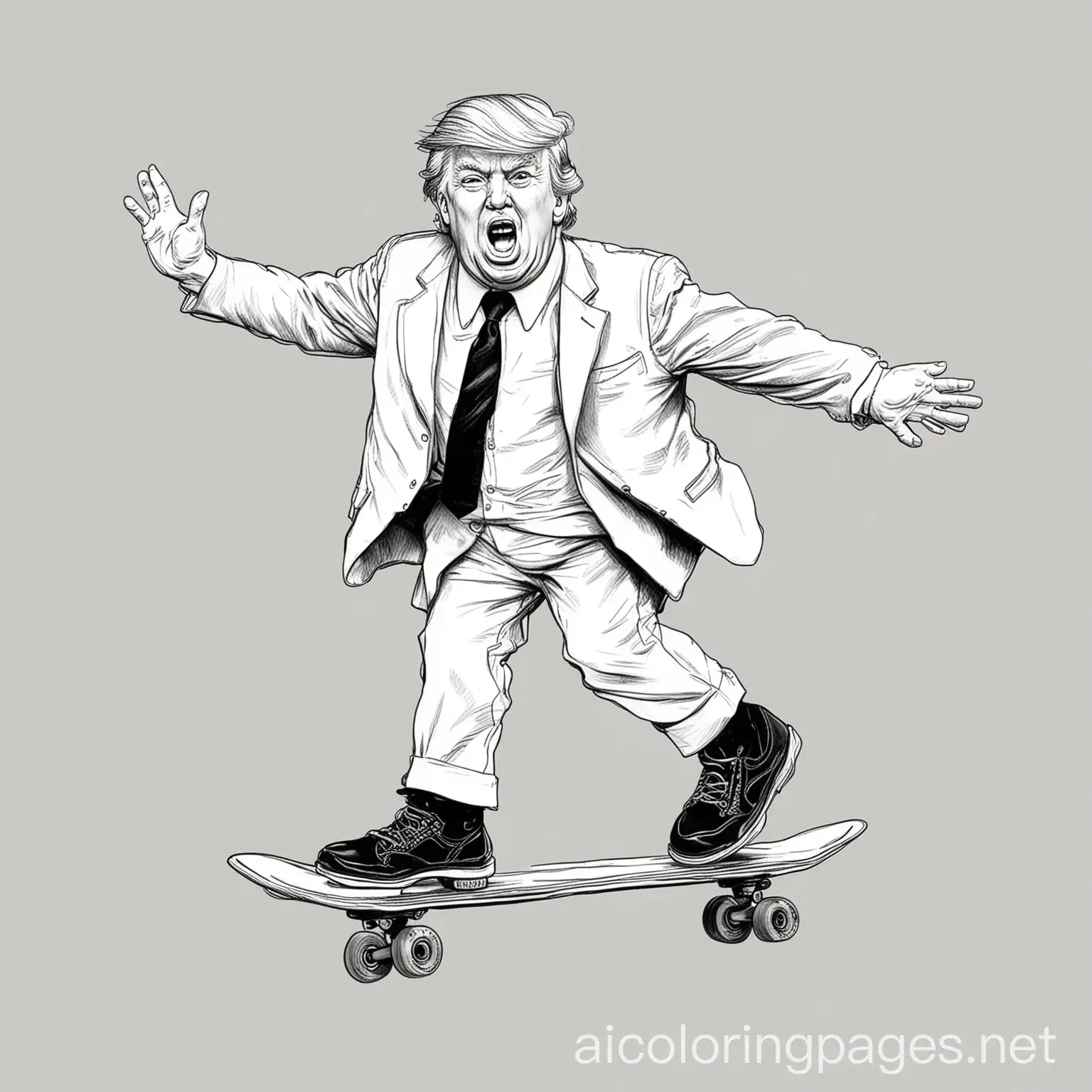 donald trump skateboarding, Coloring Page, black and white, line art, white background, Simplicity, Ample White Space. The background of the coloring page is plain white to make it easy for young children to color within the lines. The outlines of all the subjects are easy to distinguish, making it simple for kids to color without too much difficulty