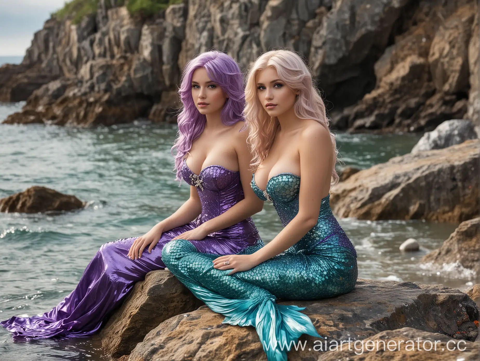 1 busty and beautiful mermaid with short blonde hair, sitting with another beautiful and bustier mermaid that has long purple hair, sitting on a rock near the shoreline.