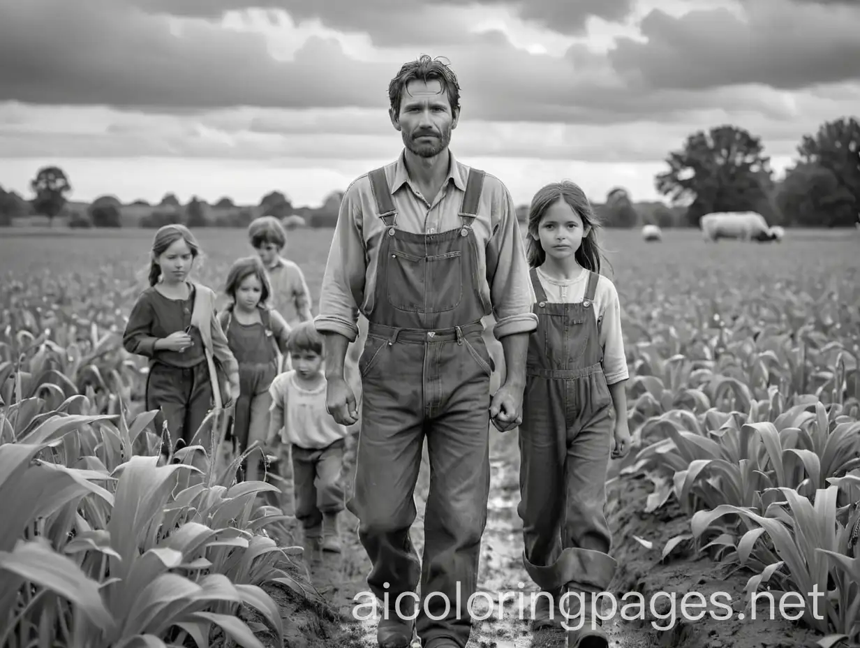A well-to-do farmer lives in his field with his wife and five children. One season, the rain stopped, and the farmer became sad. He had sown love, so he headed to his thirsty field, Coloring Page, black and white, line art, white background, Simplicity, Ample White Space. The background of the coloring page is plain white to make it easy for young children to color within the lines. The outlines of all the subjects are easy to distinguish, making it simple for kids to color without too much difficulty