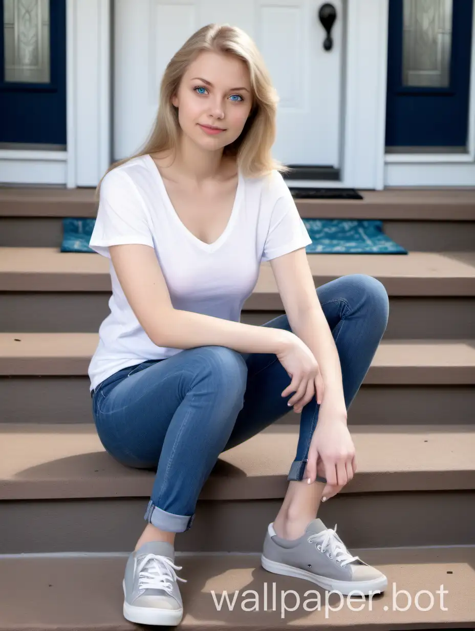 Young woman of 29 years with ash blonde hair, blue eyes, angelic face, medium sized breasts, slim figure. Wearing a white shirt, jeans and gray sneakers. Sitting on the front step of a house.