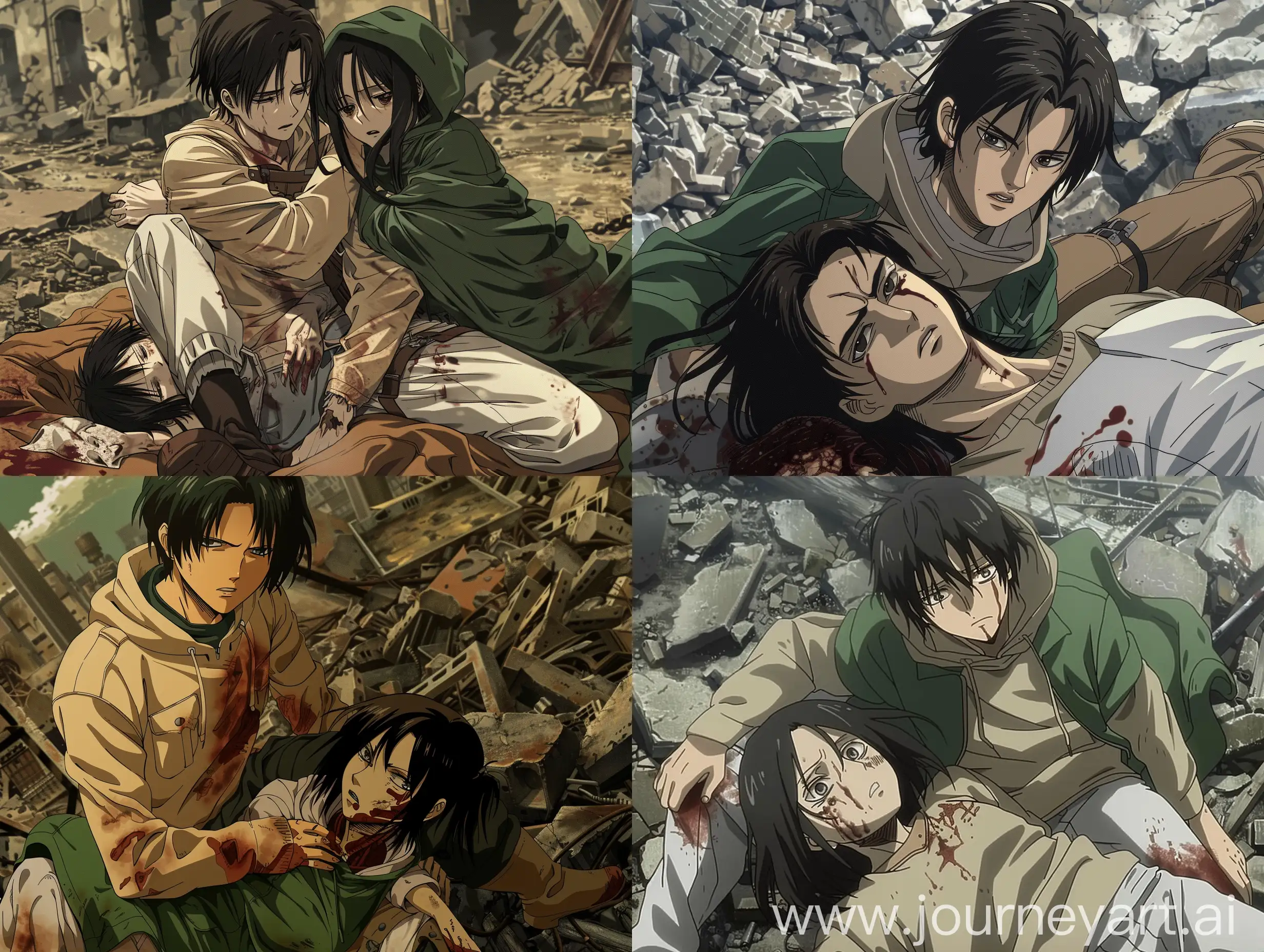 The man Levi Ackerman from the anime "Attack of the Titans" holds Mikasa Ackerman, a girl with shoulder-length black hair. Levi, in a beige sweatshirt, white trousers, a green raincoat and brown knee-high boots, looks straight into the frame. Mikasa is lying unconscious in a beige sweatshirt, white trousers, a green raincoat and brown knee-high boots covered in blood. There is a ruined city all around