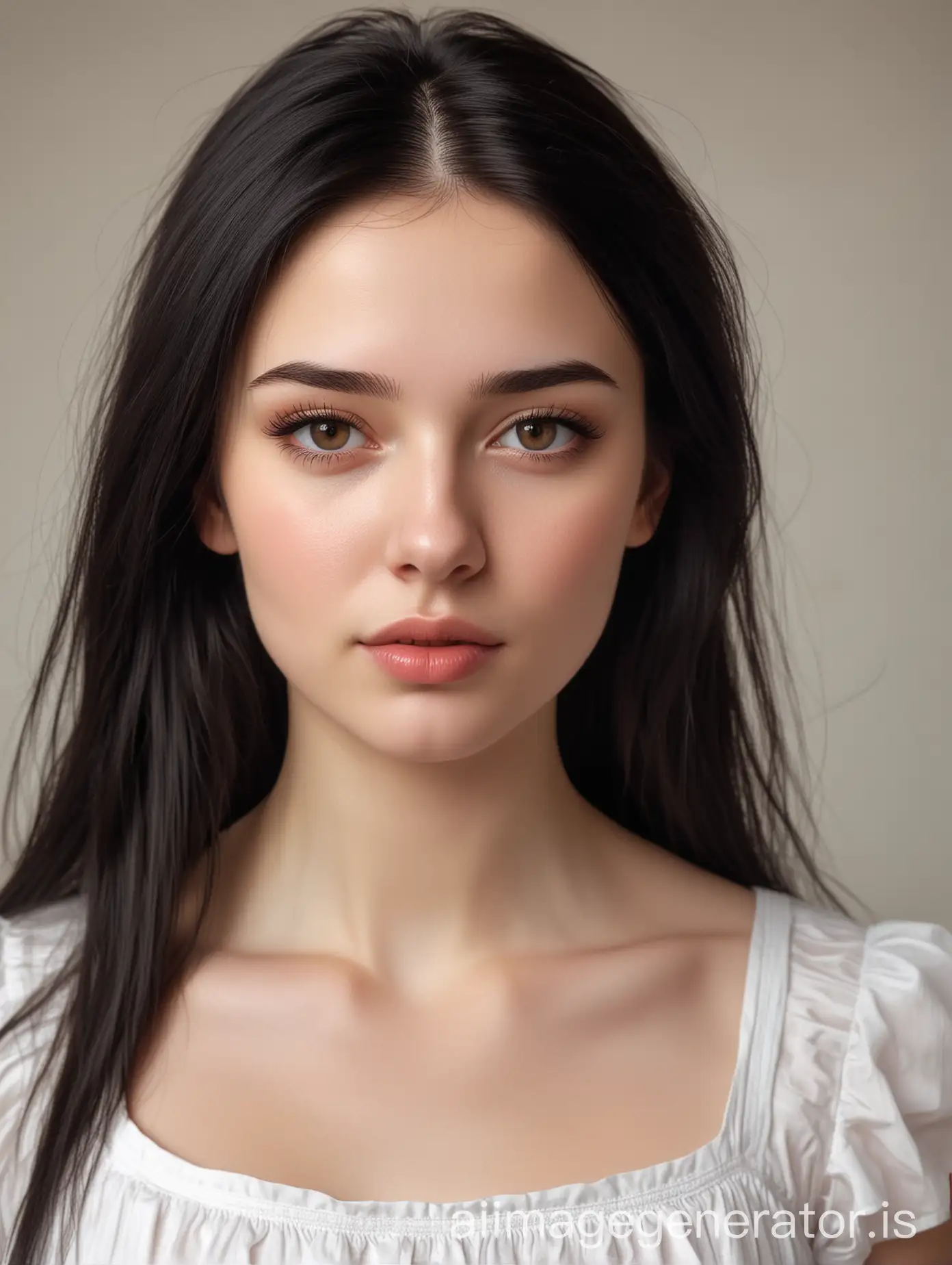Realistic style half-length photo, a 18 years old white skin Russian girl. Oblong face. Black hair and eyebrow. Having a long straight hair, some hair droops beside her eyebrows. Brown eyes. Wearing a white dress.