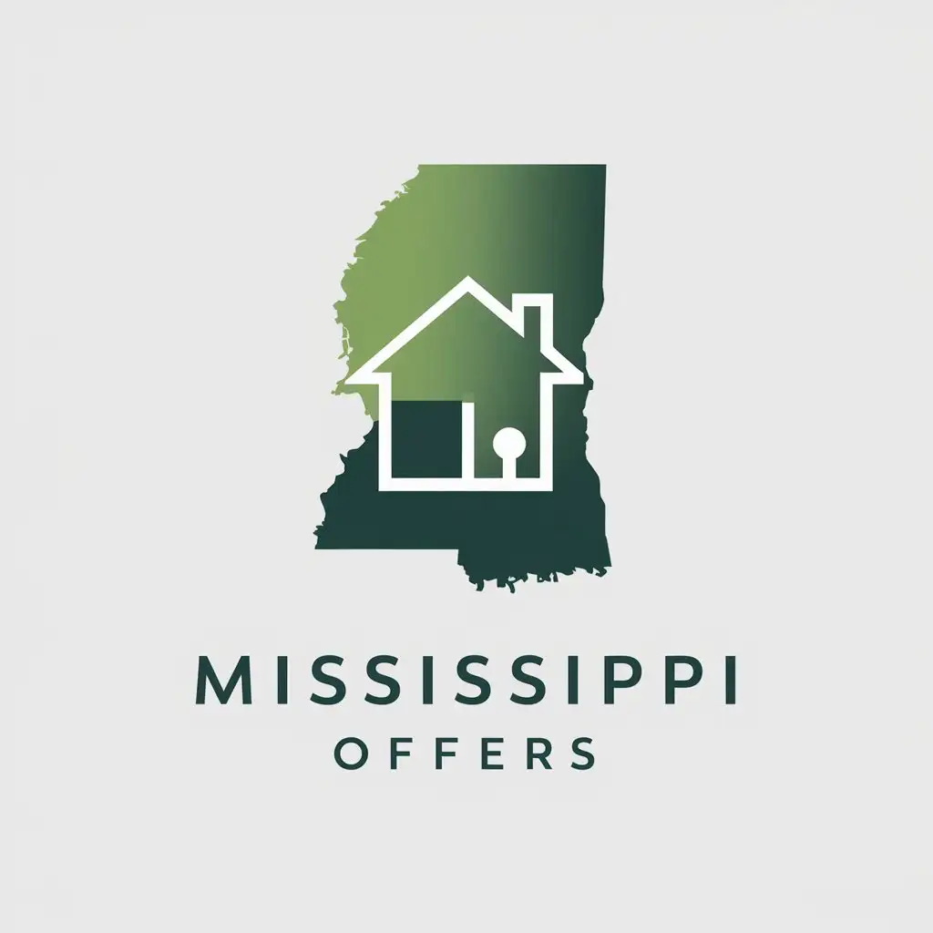 Create a flat vector, illustrative-style literal imagery logo design for a home buying business named 'Mississippi Offers', featuring the silhouette of Mississippi state integrating a modern house and key icon within. Use palette shades of green and white to represent growth and clarity against a white background. Do not show any realistic photo detail shading.