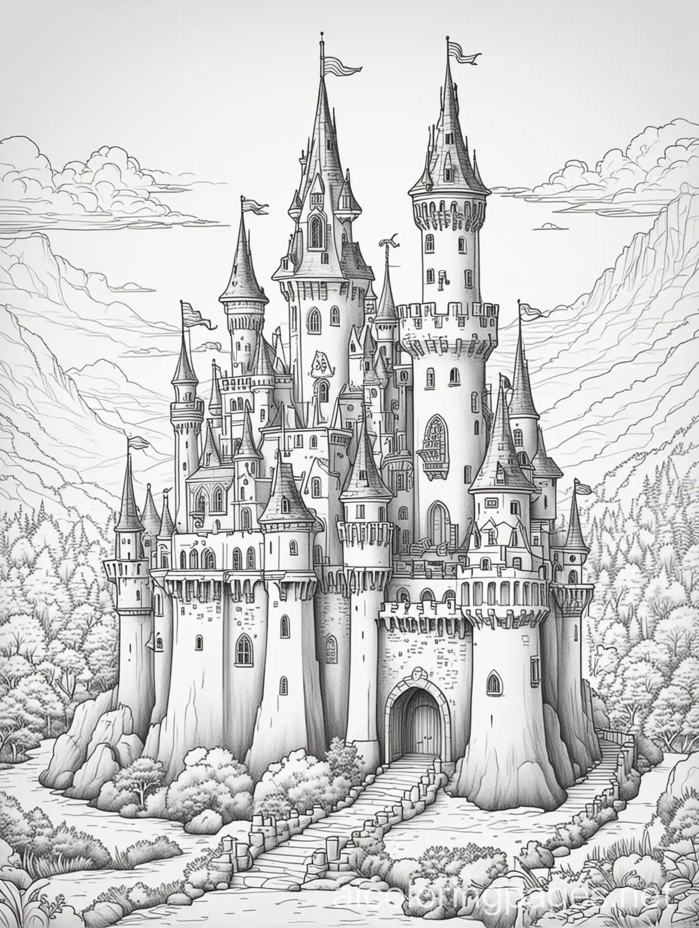fairy tale castle, coloring page, black and white, line drawing, ample white space, no shading, Coloring Page, black and white, line art, white background, Simplicity, Ample White Space. The background of the coloring page is plain white to make it easy for young children to color within the lines. The outlines of all the subjects are easy to distinguish, making it simple for kids to color without too much difficulty, Coloring Page, black and white, line art, white background, Simplicity, Ample White Space. The background of the coloring page is plain white to make it easy for young children to color within the lines. The outlines of all the subjects are easy to distinguish, making it simple for kids to color without too much difficulty