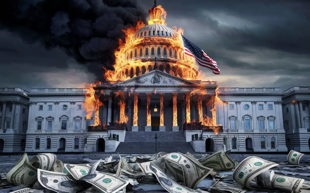 Dramatic Depiction of US Government Collapse Amidst Flames and Currency Void of Human Presence