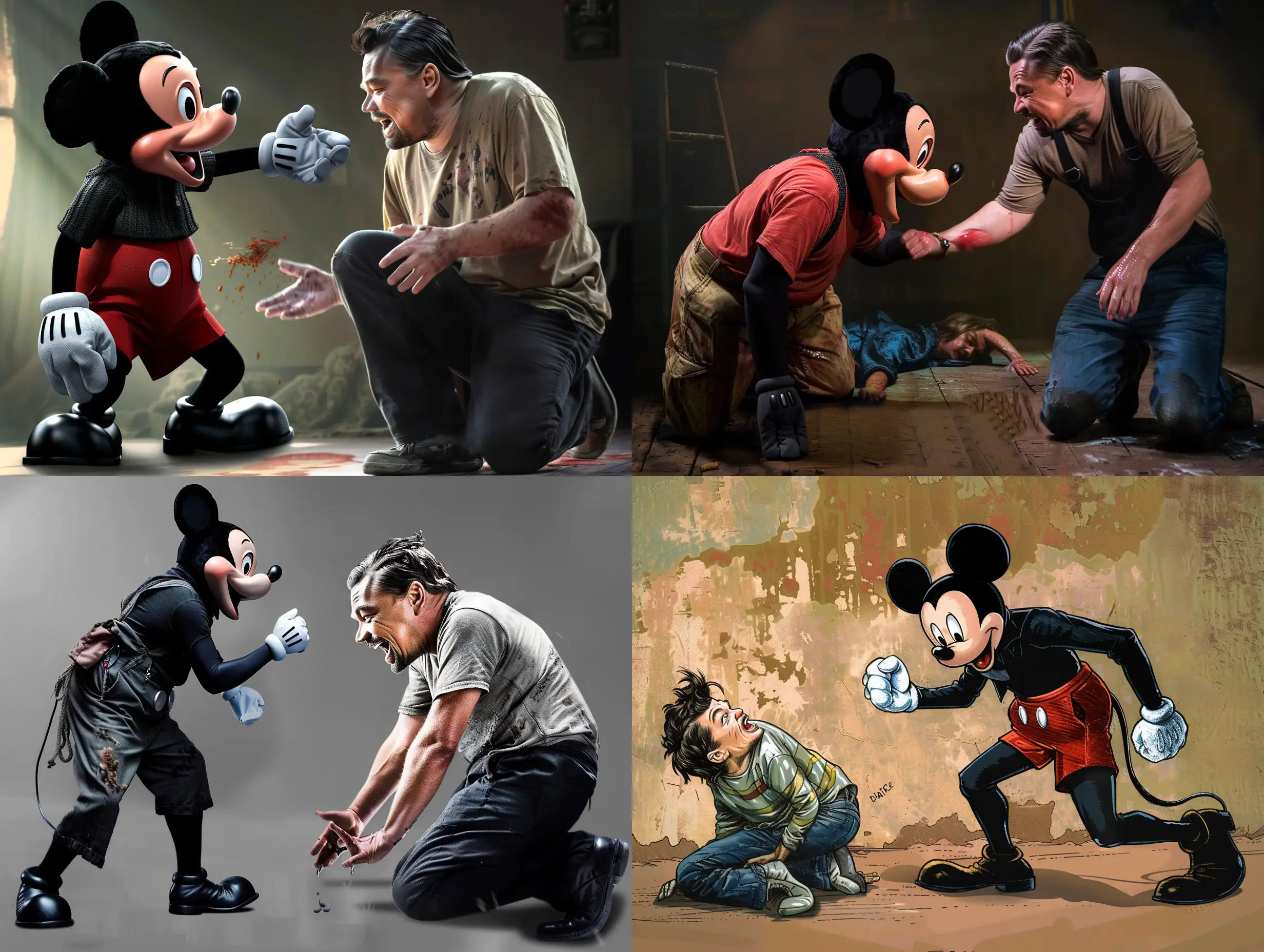 Mickey mouse shouts angrily at a crying begging Leonardo dicaprio who is on his knees