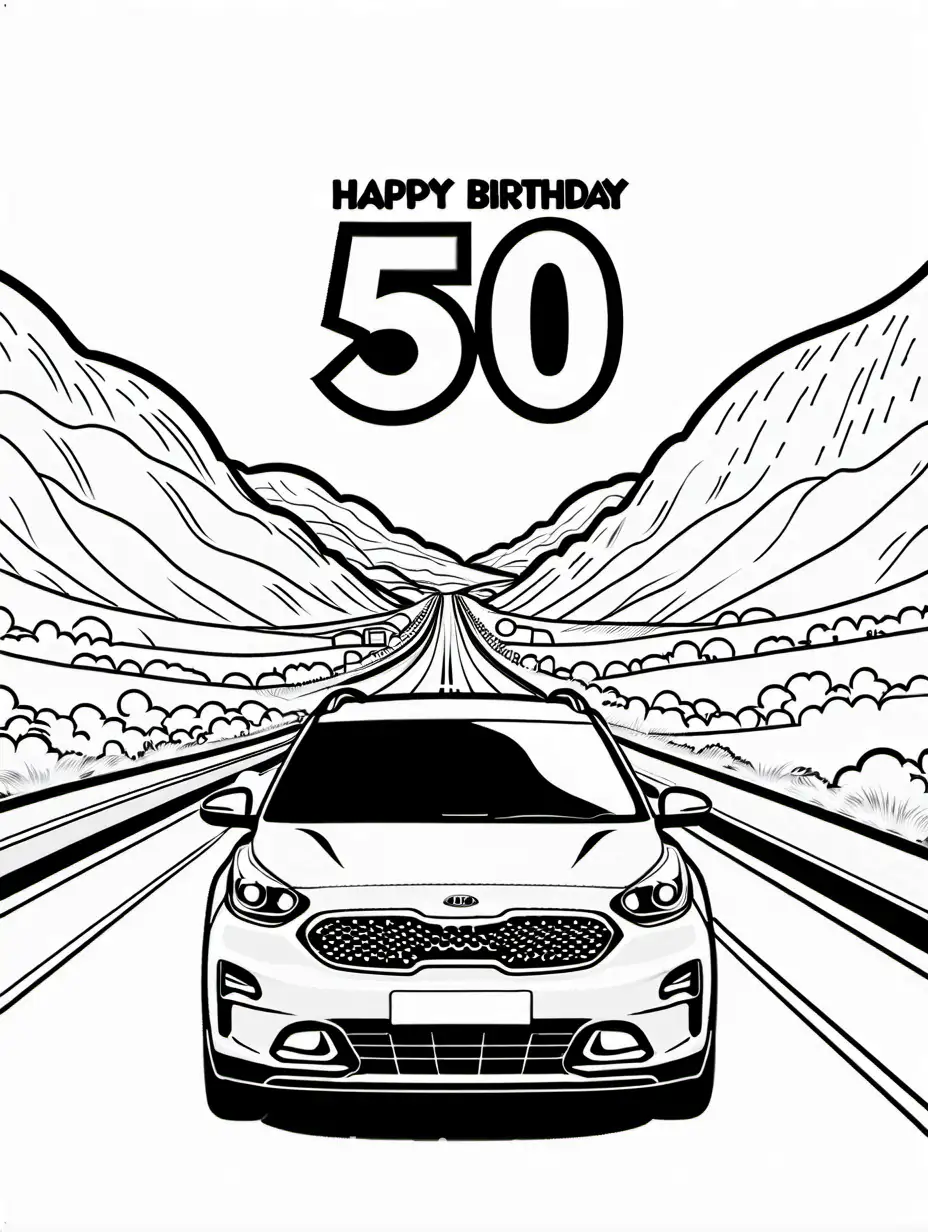 happy 50th birthday party celebration in a kia niro car driving down the road, Coloring Page, black and white, line art, white background, Simplicity, Ample White Space. The background of the coloring page is plain white to make it easy for young children to color within the lines. The outlines of all the subjects are easy to distinguish, making it simple for kids to color without too much difficulty
