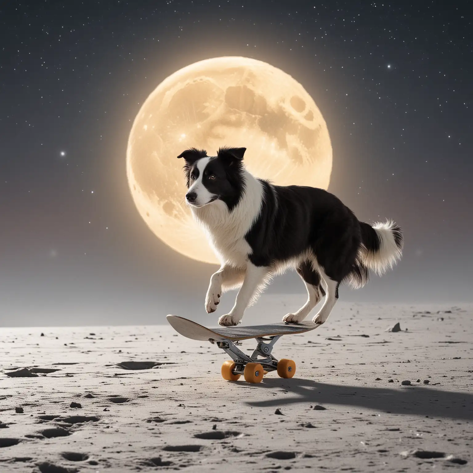 Border collie skating on the moon