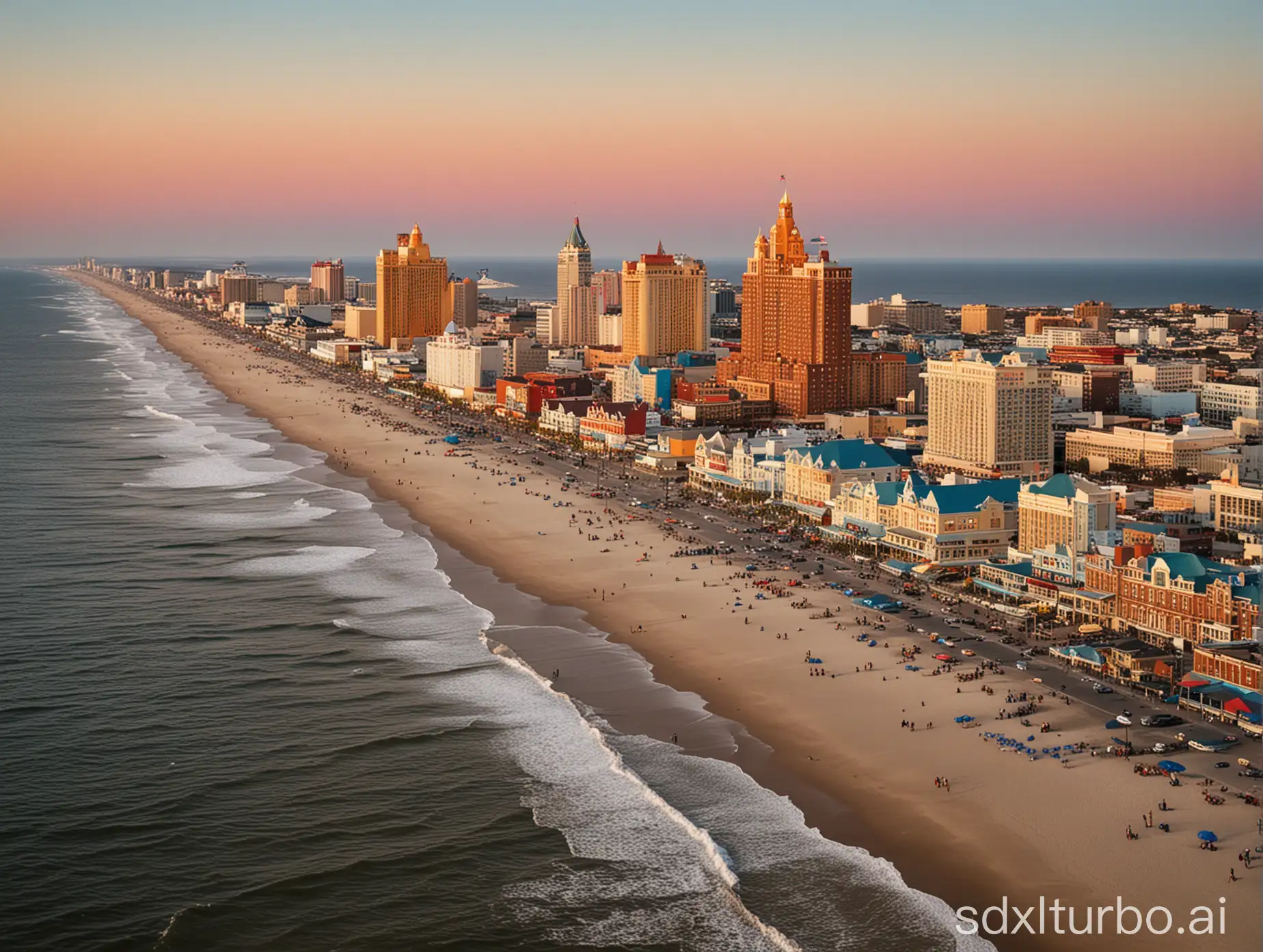Scene Description:  Location: Aerial view of Atlantic City, New Jersey, USA. Time of Day: Sunset, with warm, golden hues illuminating the scene. Sky: Clear with a few wispy clouds, transitioning from blue near the horizon to shades of orange and pink overhead. Ocean: The Atlantic Ocean, shimmering with reflections of the setting sun, exhibiting varying shades of blue from deep navy to turquoise near the shore. Beach: A wide sandy beach extending along the shoreline, with gentle waves lapping against it. Boardwalk: A bustling boardwalk running parallel to the beach, lined with colorful shops, restaurants, and casinos. Buildings: Tall, modern buildings interspersed with iconic landmarks like the Steel Pier and the Atlantic City Convention Center. Lights: Bright neon lights adorning the buildings and casinos, creating a vibrant and lively atmosphere. People: Diverse crowds of people strolling along the boardwalk, enjoying the evening, some carrying balloons and cotton candy. Landmarks: Include the Trump Taj Mahal (now Hard Rock Hotel 
