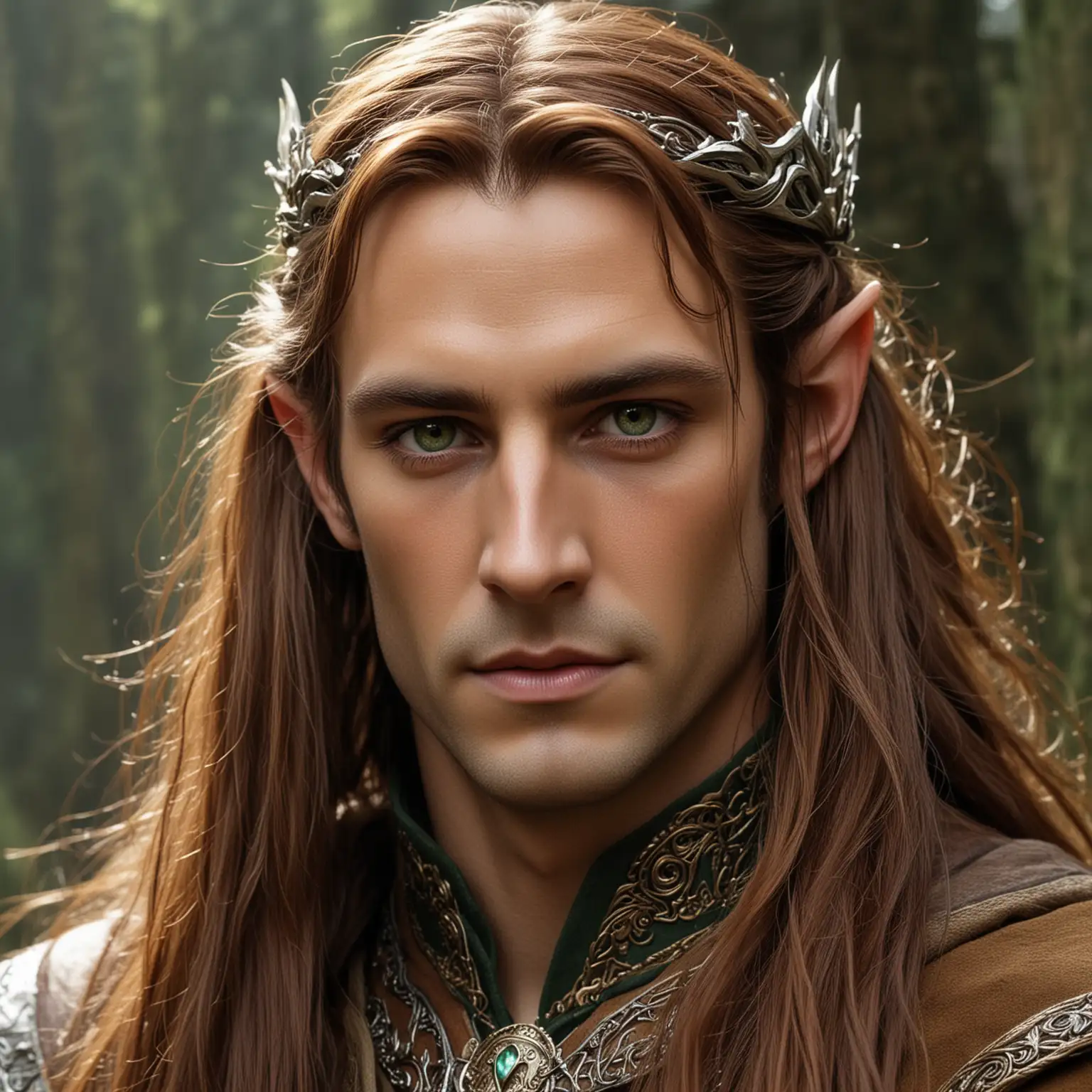 Elven king, royalty, elegant, crown, hot, rugged, strong, green eyes, long chestnut brown hair, pointed ears.