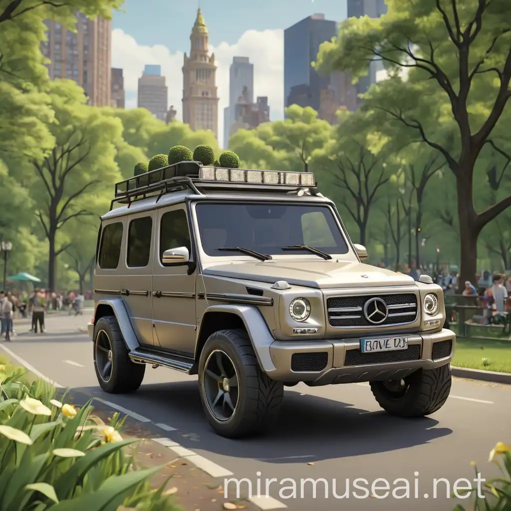 3D cartoon Mercedes benz G driving through central park 