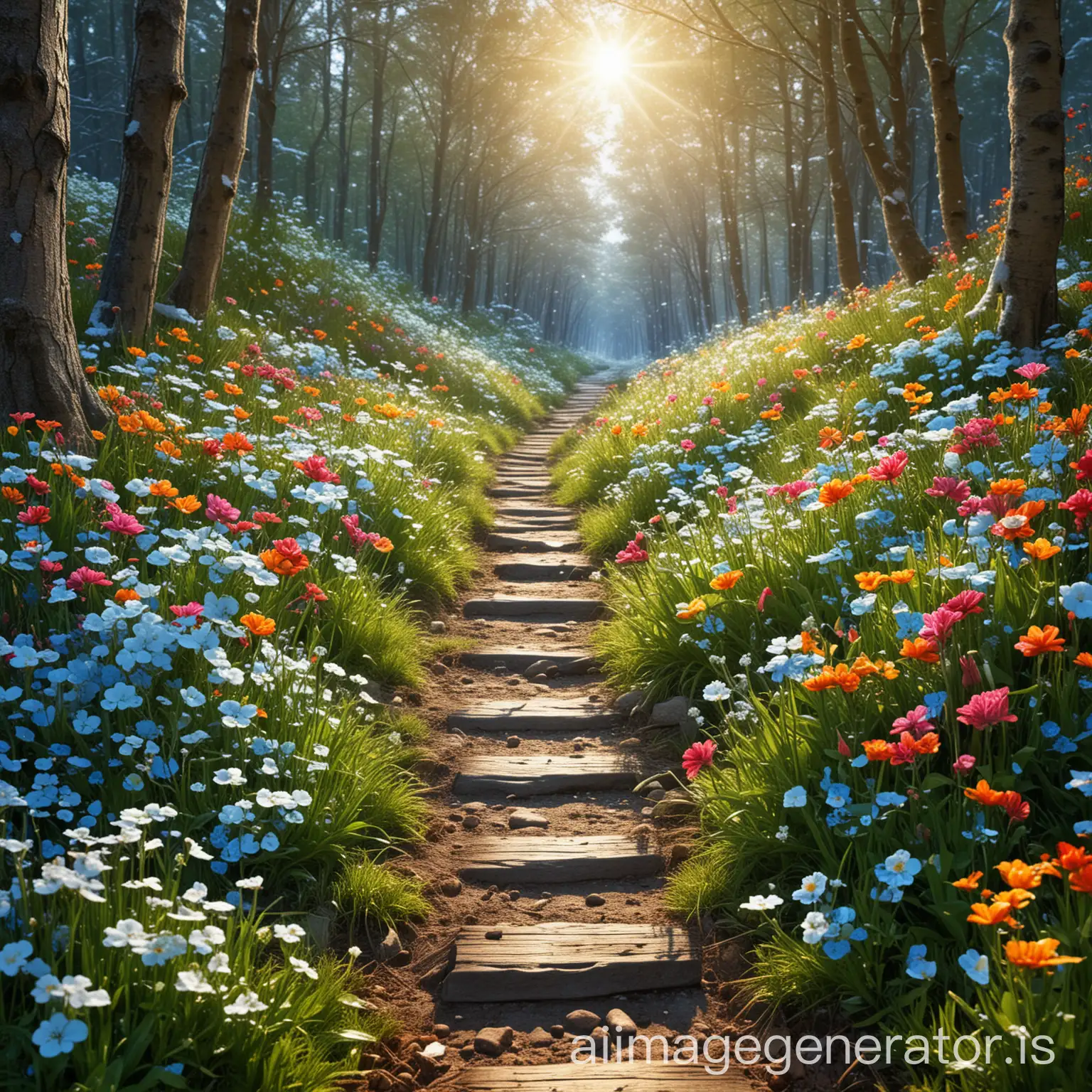 perfect Nature, forest path, dream, lawn, snow, dewdrops, colorful flowers, moist, Sun Clouds, blue sky, reflecting lights, high resolution, perfect quality, ultra realistic, real photography