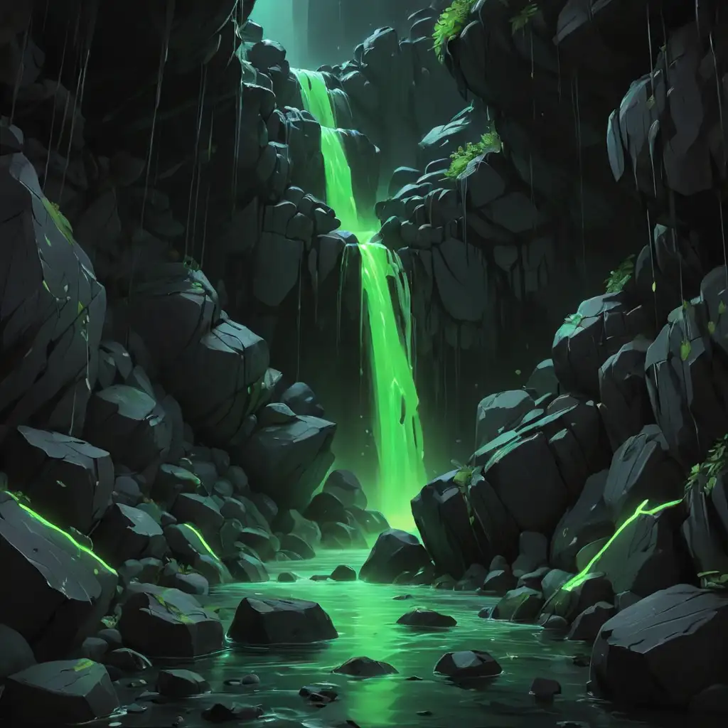 мультяшные черные скалы с зеленым неоном на фоне черного водопада 