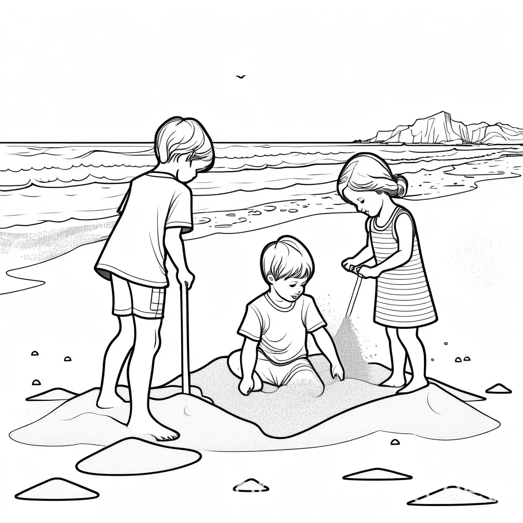siblings playing in the sand on the beach

, Coloring Page, black and white, line art, white background, Simplicity, Ample White Space. The background of the coloring page is plain white to make it easy for young children to color within the lines. The outlines of all the subjects are easy to distinguish, making it simple for kids to color without too much difficulty