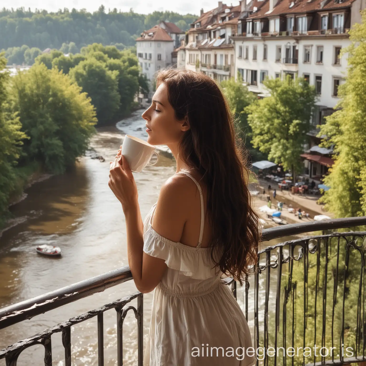 brunette woman drinking coffee in the balcony watching a river flow