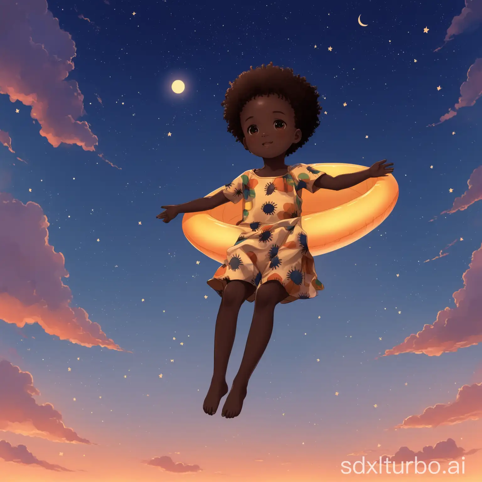 cute afriacn kid floating in the summer sky at dusk