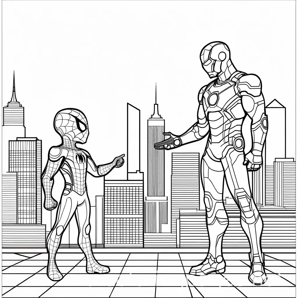 a cute spiderman and iron man shaking hand, side view, a city in background Coloring Page, black and white, line art, white background, Simplicity, bold outline, no shading, Ample White Space. The background of the coloring page is plain white to make it easy for young children to color within the lines. The outlines of all the subjects are easy to distinguish, making it simple for kids to color without too much difficulty, Coloring Page, black and white, line art, white background, Simplicity, Ample White Space. The background of the coloring page is plain white to make it easy for young children to color within the lines. The outlines of all the subjects are easy to distinguish, making it simple for kids to color without too much difficulty, Coloring Page, black and white, line art, white background, Simplicity, Ample White Space. The background of the coloring page is plain white to make it easy for young children to color within the lines. The outlines of all the subjects are easy to distinguish, making it simple for kids to color without too much difficulty