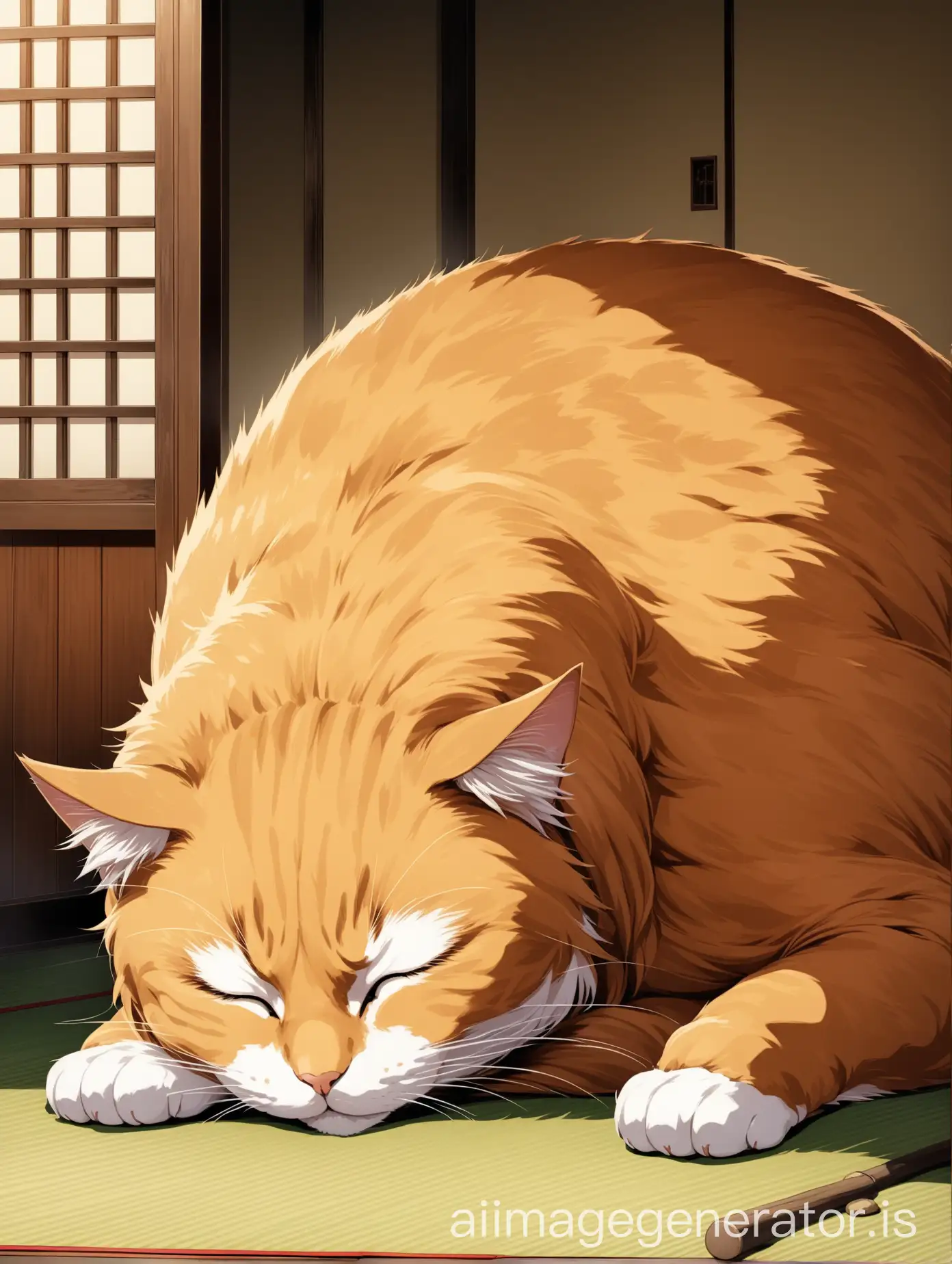 Gigantic-Cat-Sleeping-in-Traditional-Japanese-Tatami-Room