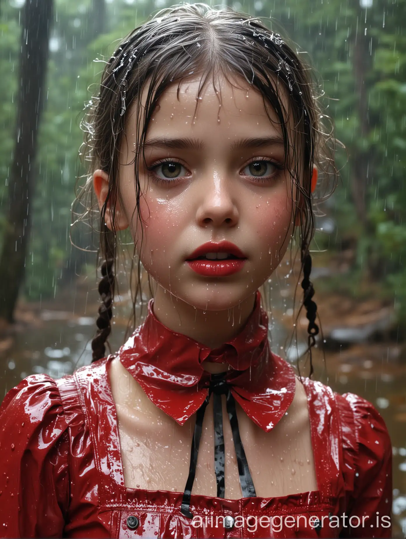 Rain-Soaked-French-Lolita-Girl-in-Glossy-Red-Latex-Outfit