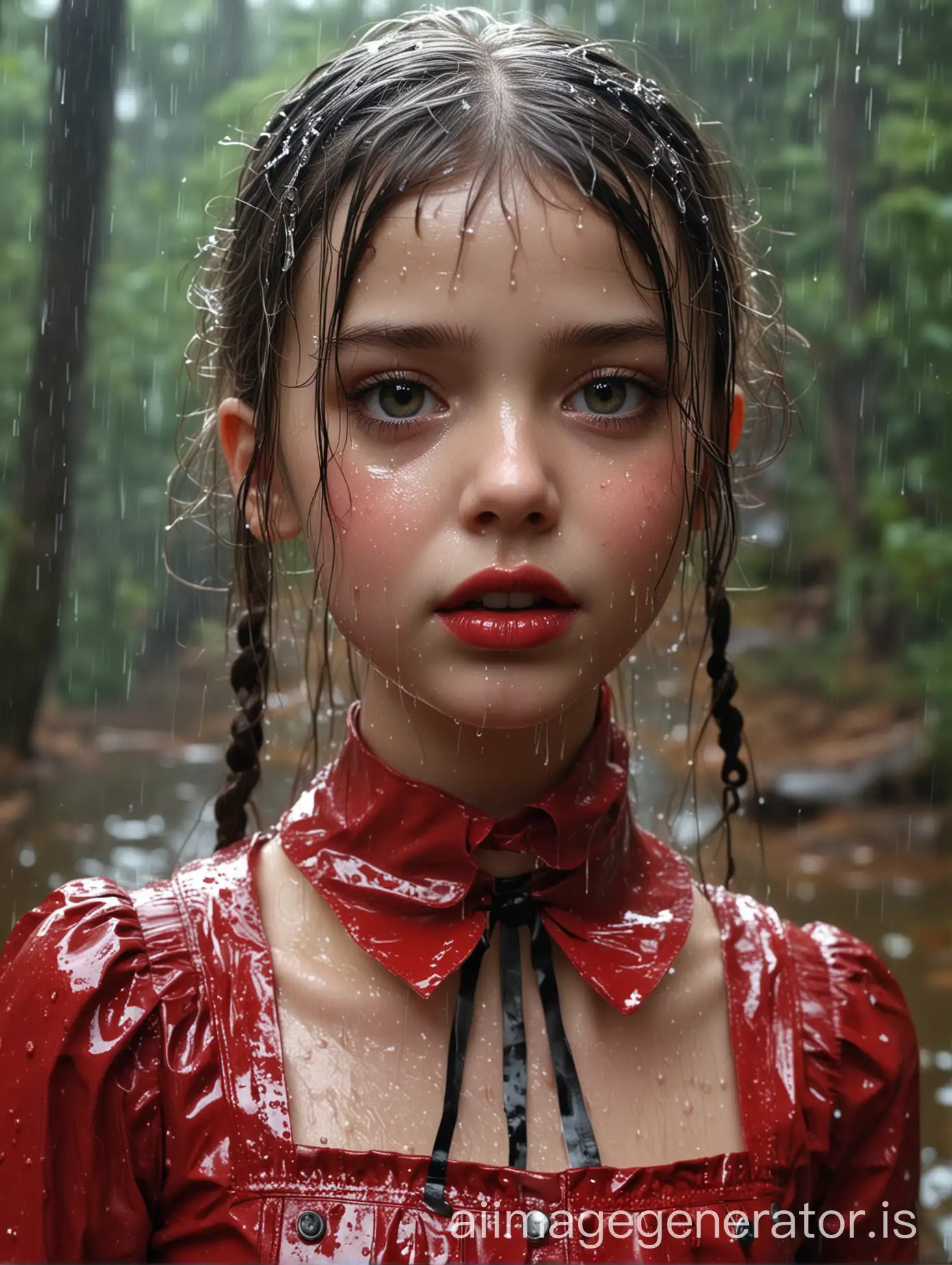 The image features a hyperrealistic full lenght shot in the highest quality. little 10-year-old French girl, extremely skinny physique and extremely white skin. Her facial expression is characterized by wide-open, big dark brown eyes extremley glossy, extremley shiny lips, accentuated by masses of the shiniest red vibrant lipgloss. 
the girl stepping out of a forest lake during heavy rain, completely drenched. Her face, hair and attire are over and over totally soaked. her mouth filled with rain. The girl is dressed in an extremely shiny red latex sweet lolita outfit, collared and fully closed up. shiny latex ribbon over the collar. dripping wet latex veil in her hair. the wet and shiny latex children pinafore adds to the reflective quality of the attire, contrasting sharply with the wet surroundings. the shape and design of the outfit looks very innocent and childlike. 
Action/Items: She is depicted without jewelry or metallic elements, maintaining a focus on the glossy, wet latex clothing and the extremely rain-soaked appearance.