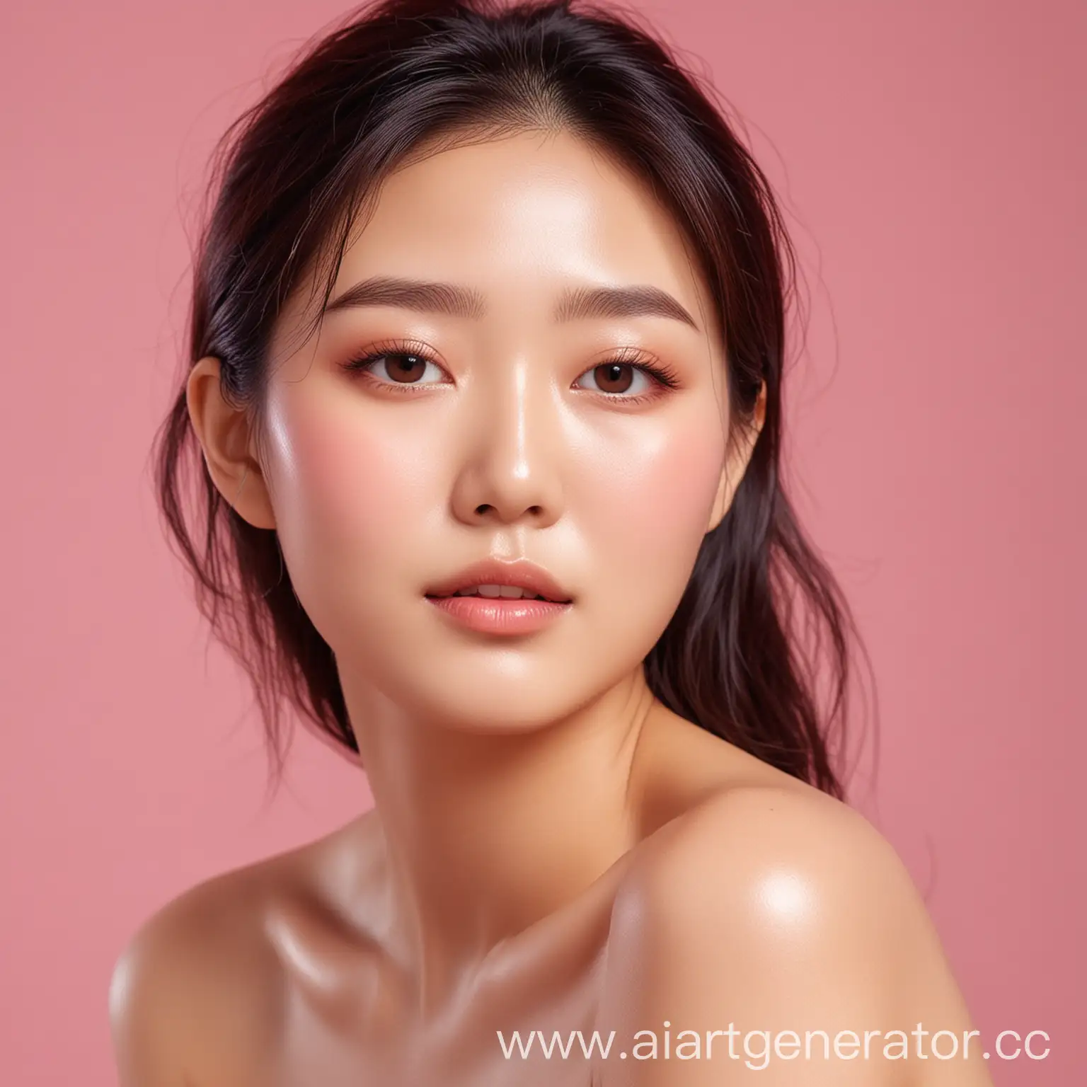 красивая кореянка с сияющей кожей с обложки,  на нежно розовом фоне