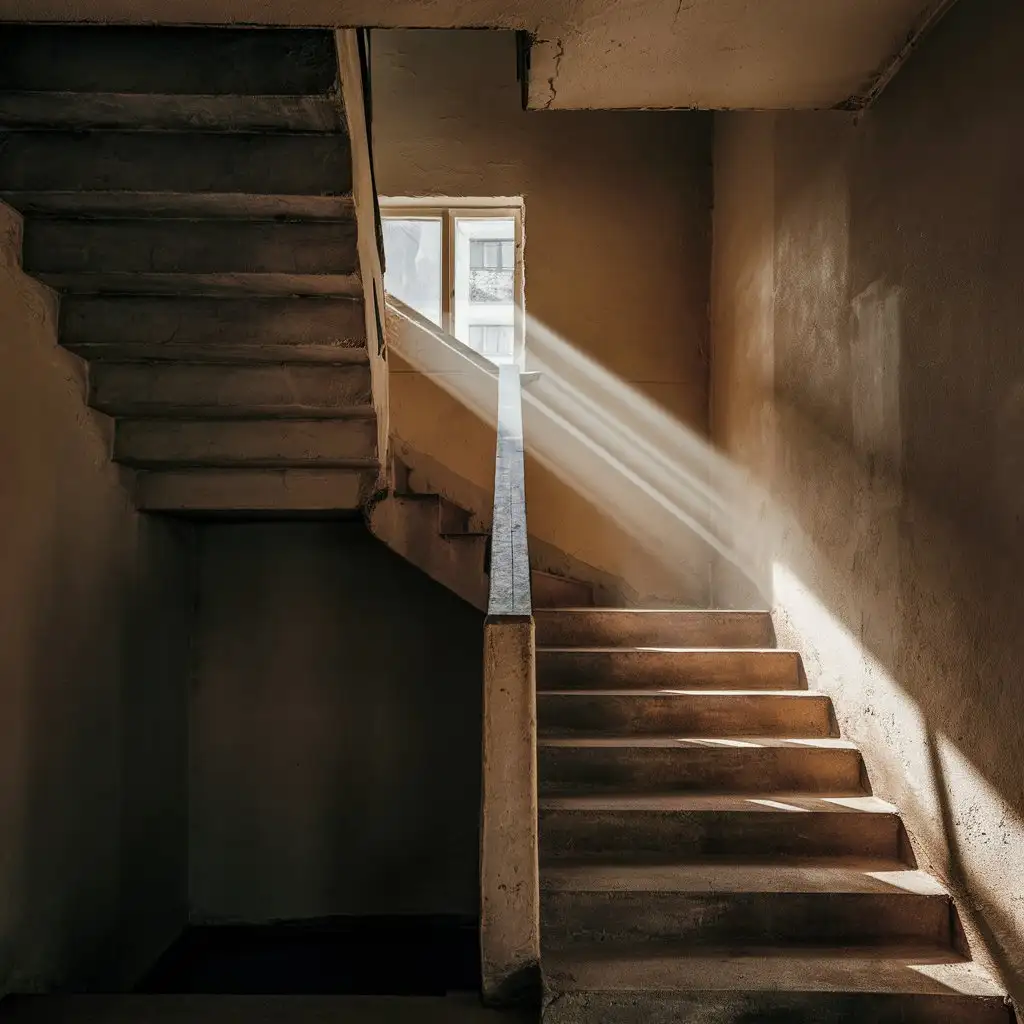 A small concrete staircase in a Russian apartment building, bathed in sunlight from a small window.