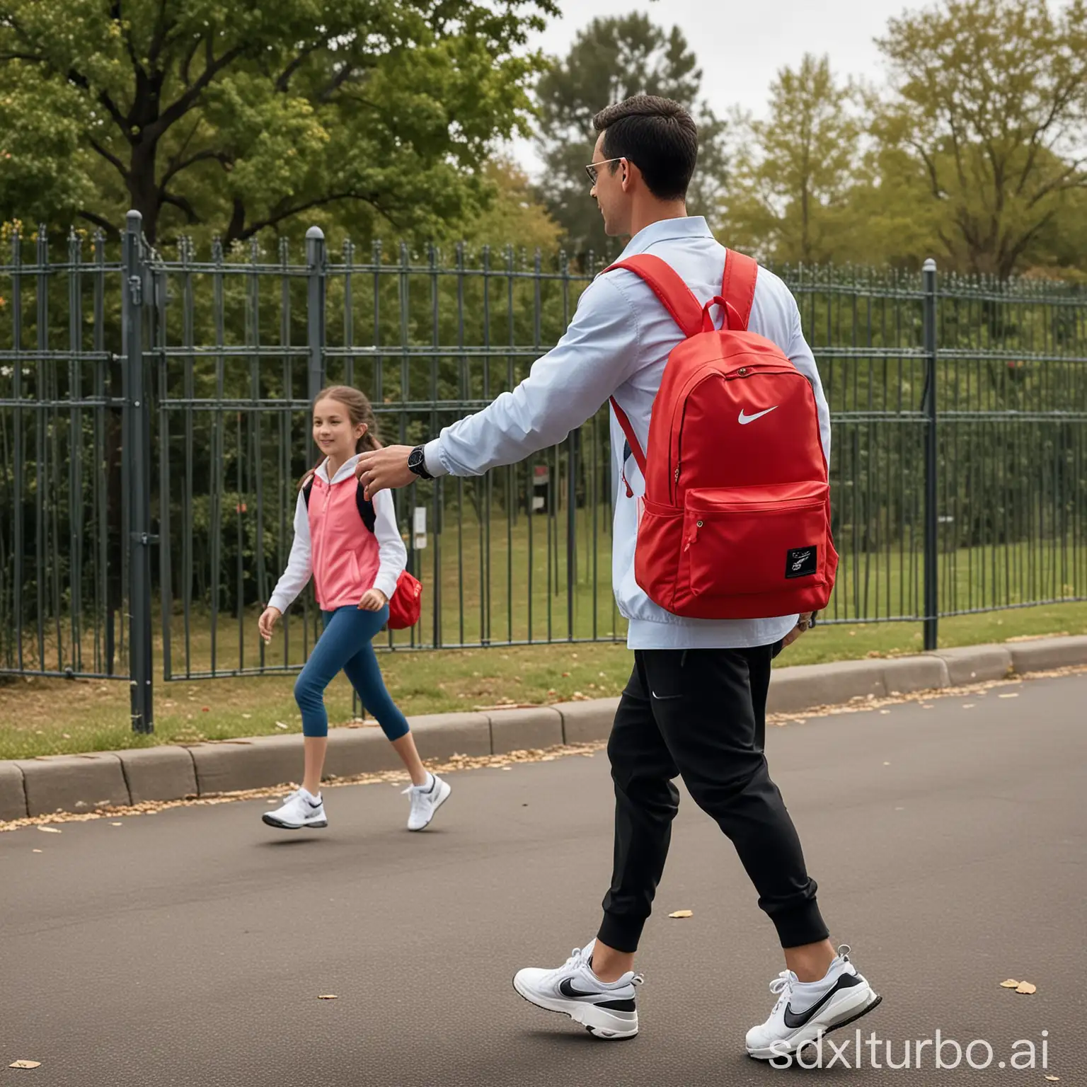 父亲穿着耐克运动服，带着苹果手表，刚下车，看见了背着红色书包，在校门口开心的向他跑来的，刚放学的女儿