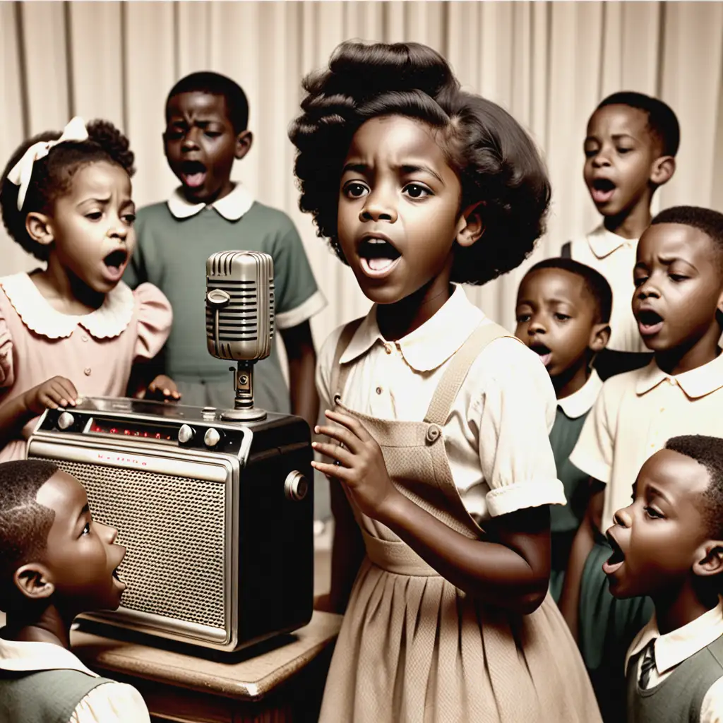 generate an image of a black girl standing singing while a group of black boys and girls listening  with a vintage radio in the background