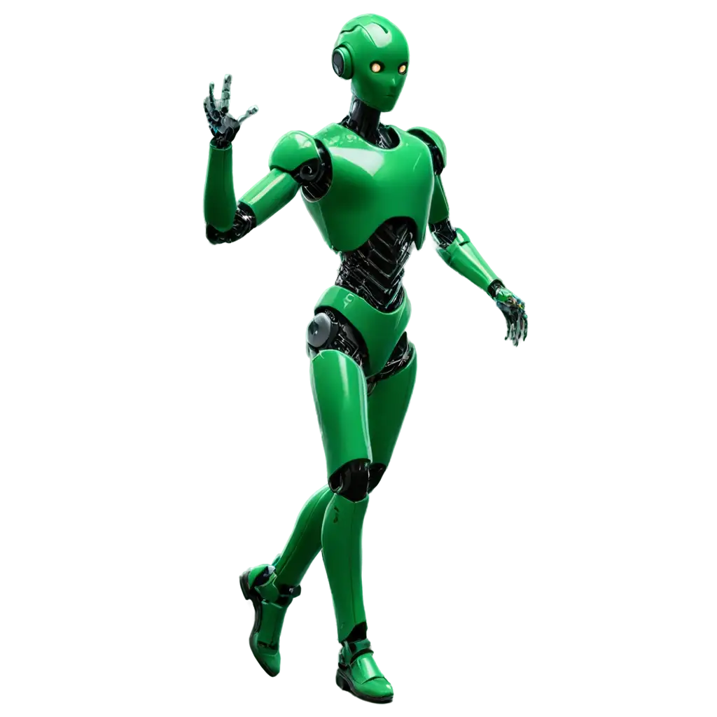 a robot humanoid is dancing in the green forest