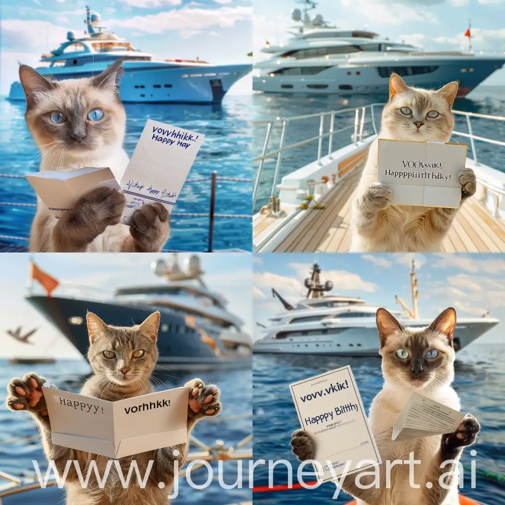 поздравительная открытка на переднем плане котик держит в лапках открытку с надписью Vovchik! happy birthday!, на заднем шикарная яхта в море