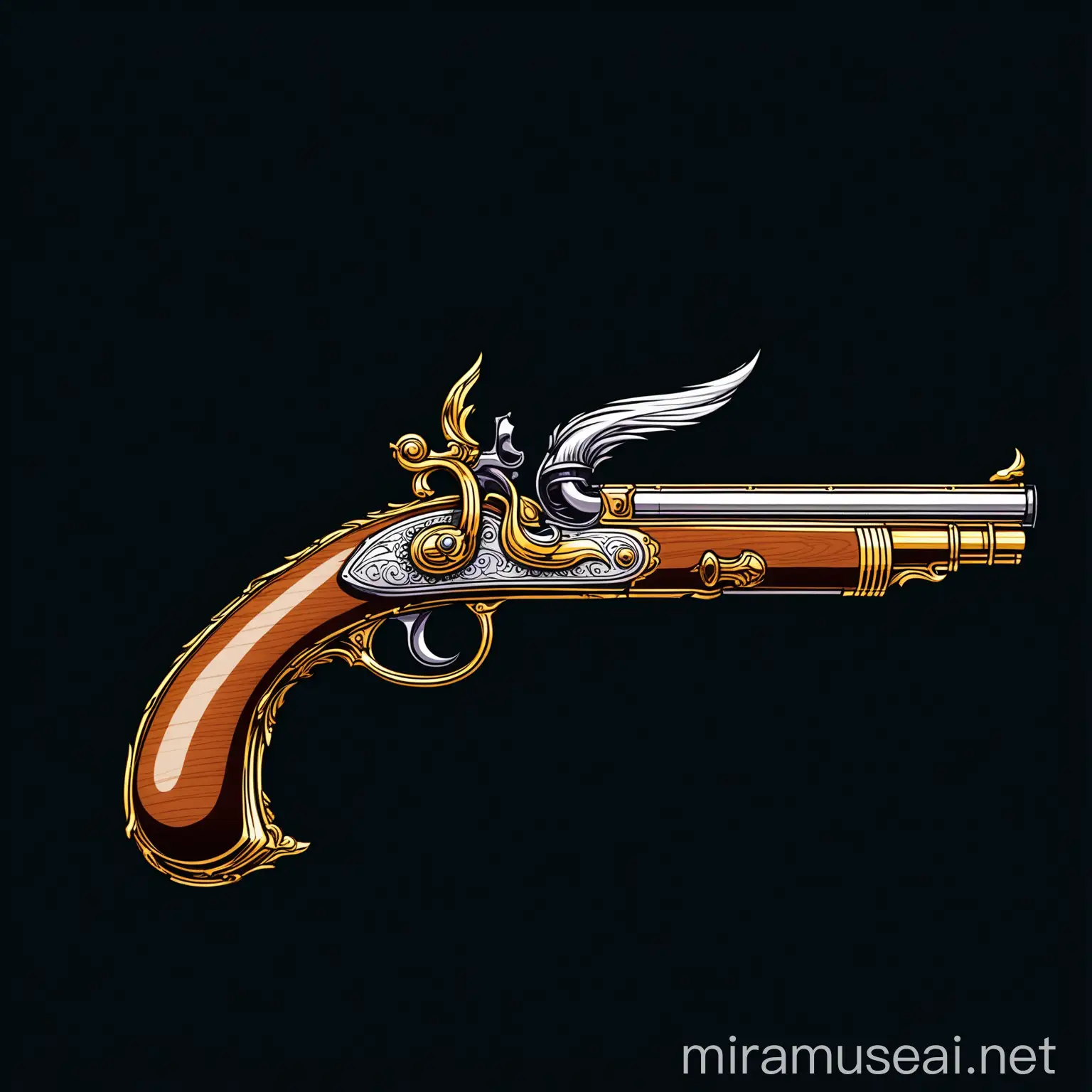 fantasy flintlock gun, flintlock pistol, wood and metal color, cartoon, black background