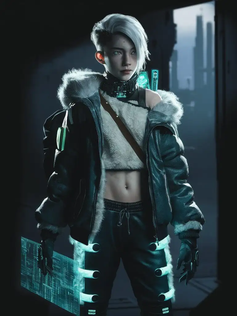 teen femboy hacker, white hair, outfit with bioluminescent details, off-left-shoulder jacket over fluffy fleece top, backpack, dystopian cyberpunk, dark shadows, fluffy fur-trim, holograph, matrix