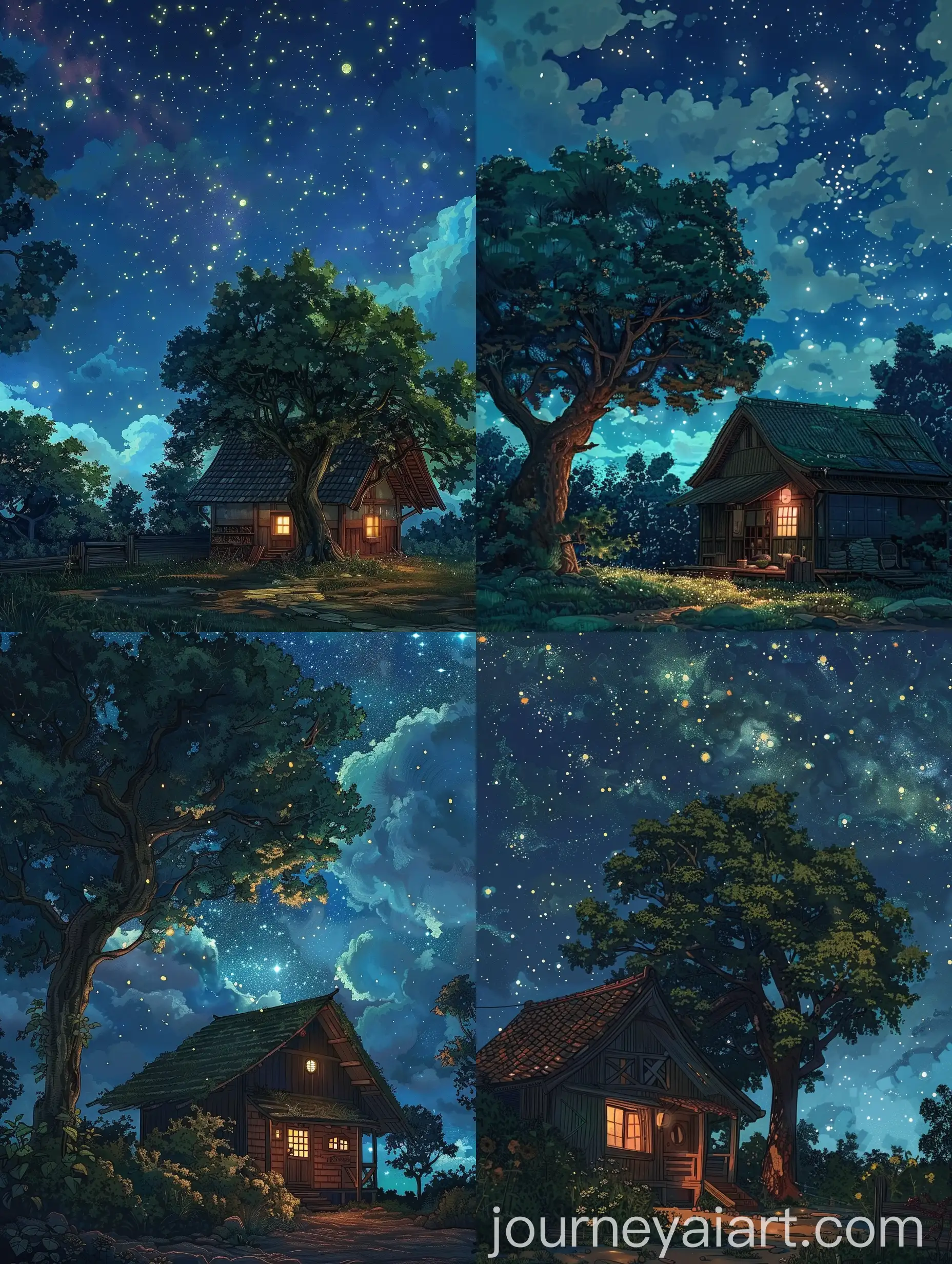 Enchanting-GhibliInspired-Digital-Art-Serene-Night-Sky-with-Cozy-Cottage-and-Lush-Tree