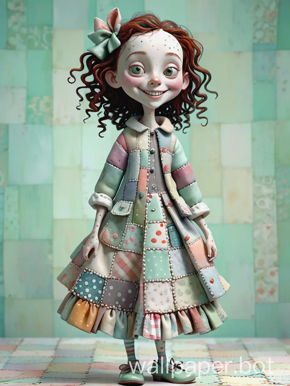 charming little lady in full-length patchwork clothes. dynamic, smiling, with freckles. Cozy, soft tones on a mint light shabby background, art by Tim Burton. 3D, porcelain, gloss