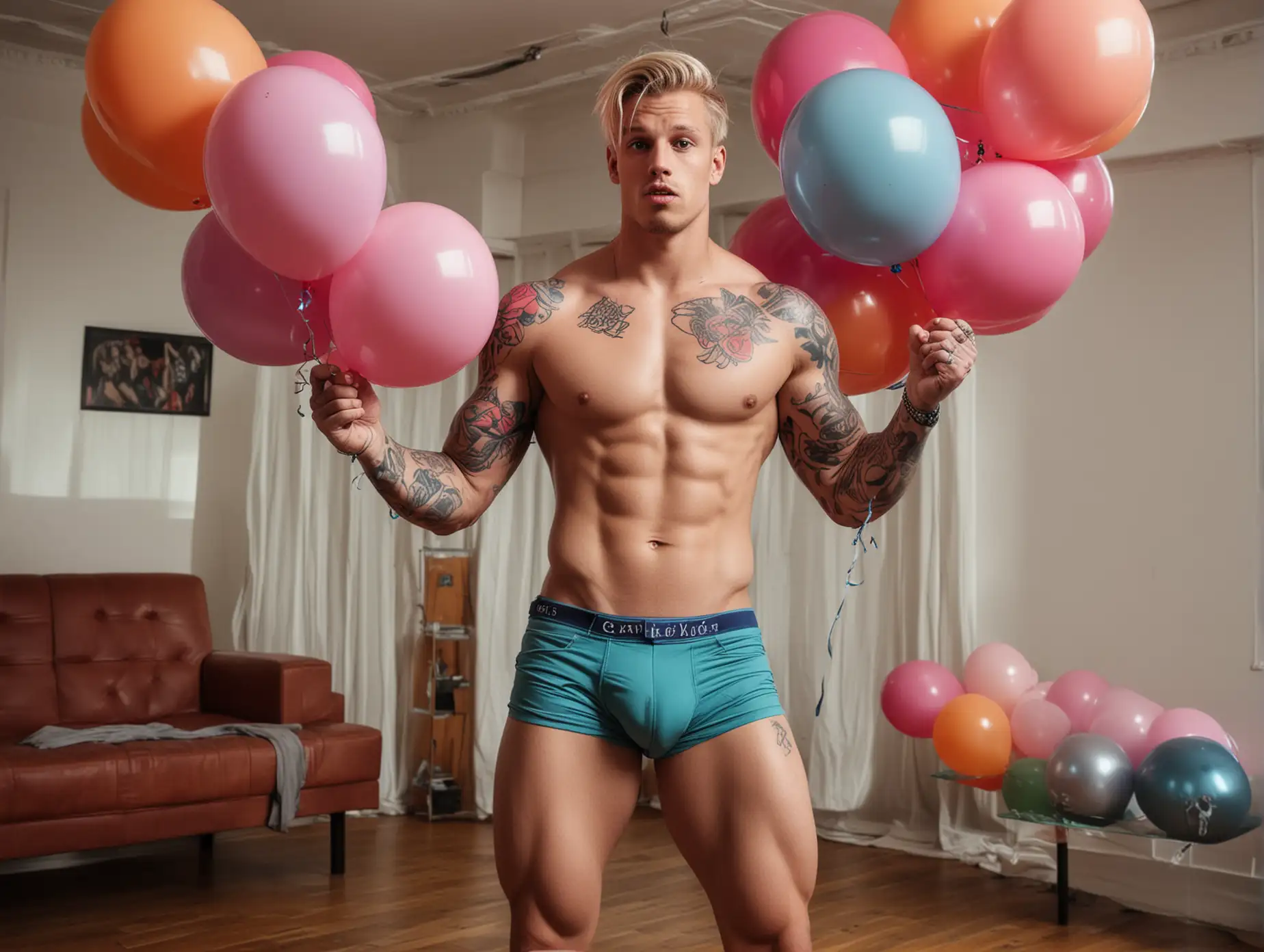 Muscular Man Holding Giant Balloons in Colorful Boxer Shorts | AI Image  Generator