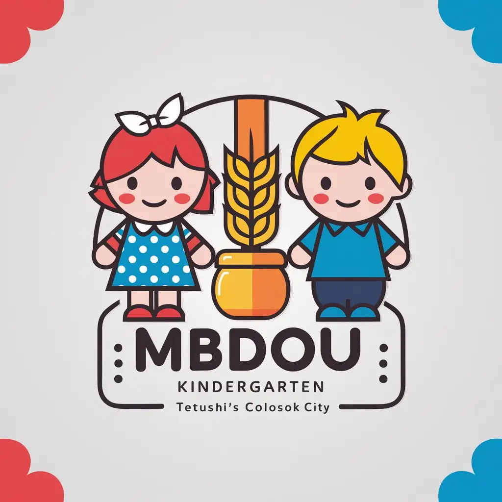a logo design,with the text " MBDOU "Colosok" city Tetushi's Kindergarten "Colosok" in city Tetushi's MBDOU", main symbol:On the right is a small boy with yellow hair in a blue shirt. On the left is a little girl with red hair in a blue dress with polka dots and a white bow on her head. In the middle, between the girl and the boy, there is a pot of wheat.,complex,be used in Education industry,clear background
