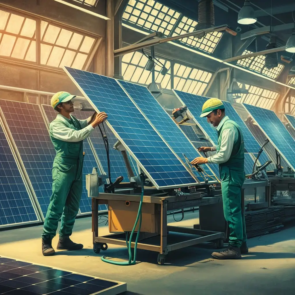 Solar Panel Manufacturing Workers Assembling Components