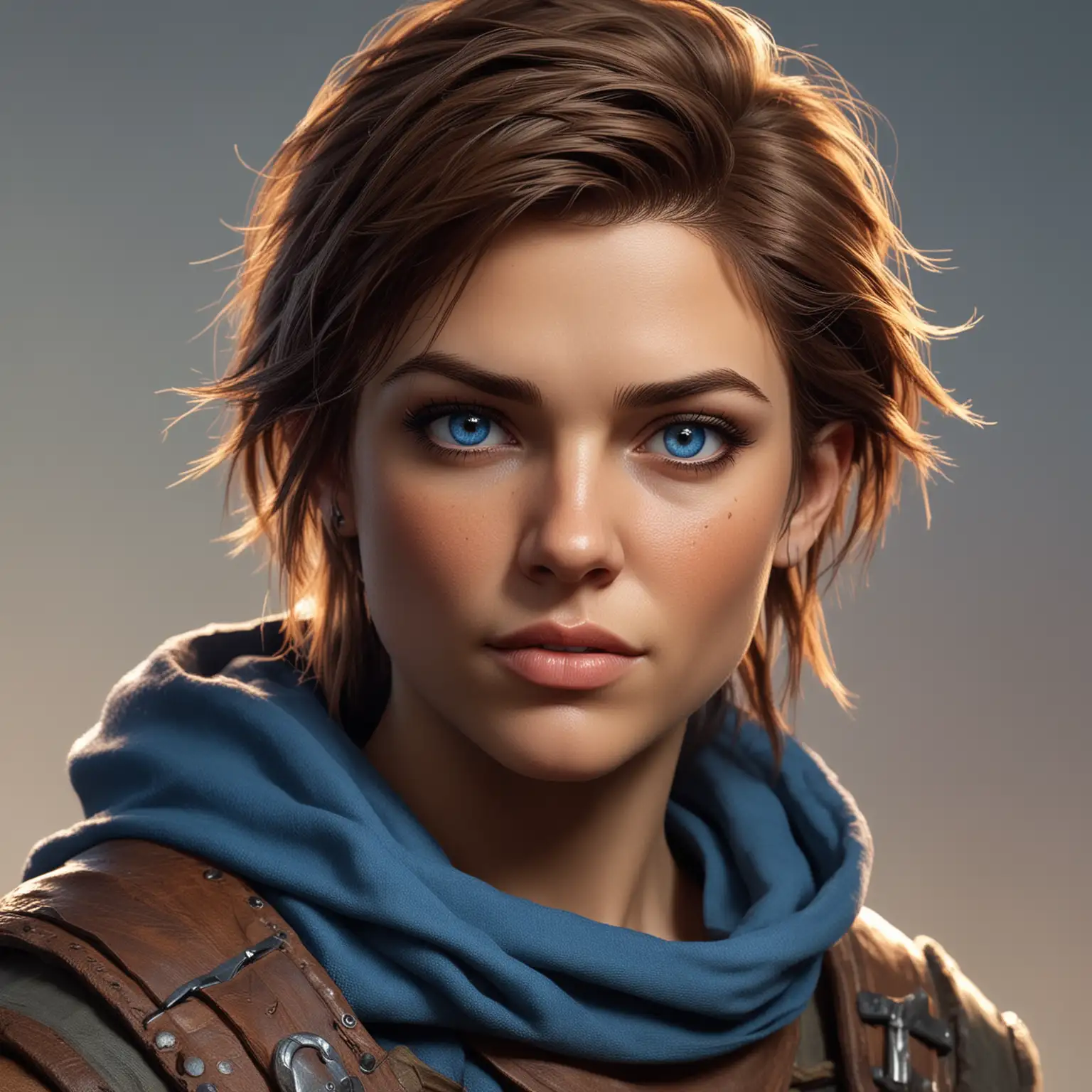 Andrea as a Rugged female rogue D&D character, short sandy brown hair, bright blue eyes, masculine face, average level of beauty, plain facial features