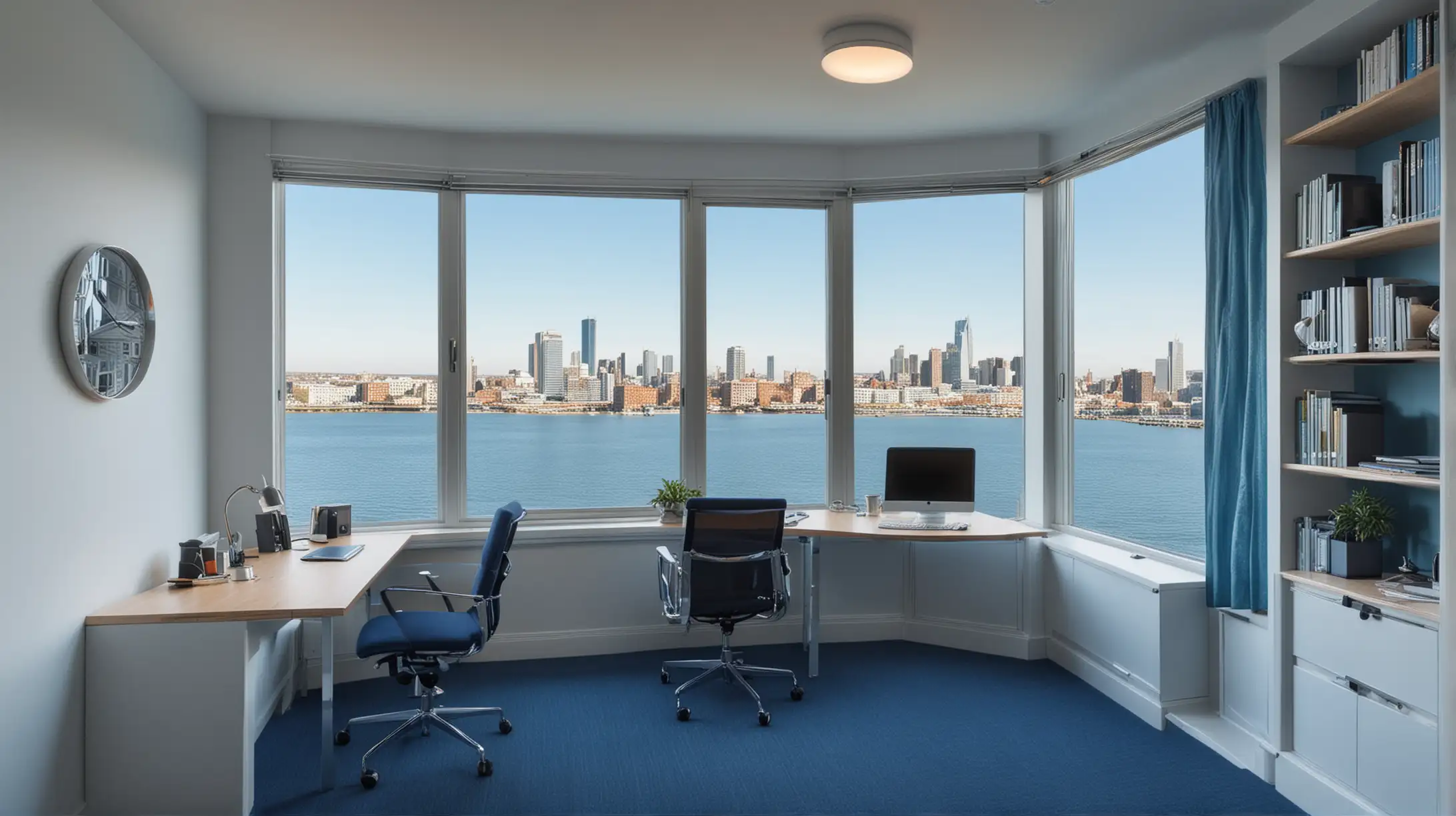 small office looking out to a high waterfront view. use blue colours. 